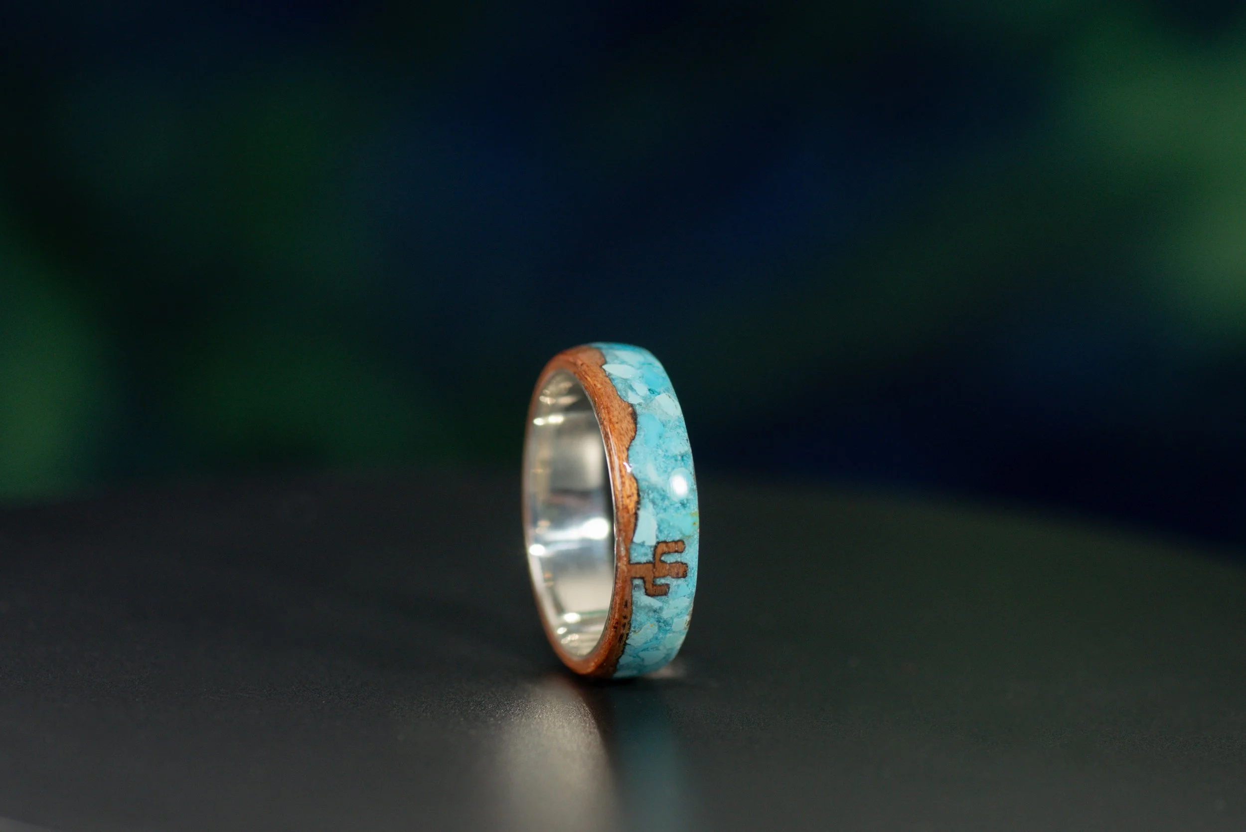 Southwest inspired cactus ring made with cedar wood and bright blue Sleeping Beauty turquoise.