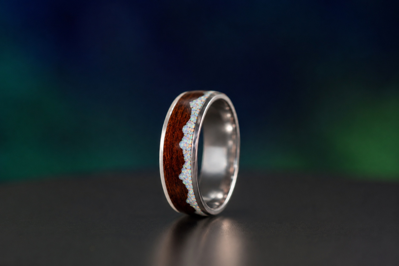 Sterling silver mountain wedding band featuring white opal and dark smoked rosewood in a 6mm or 8mm width