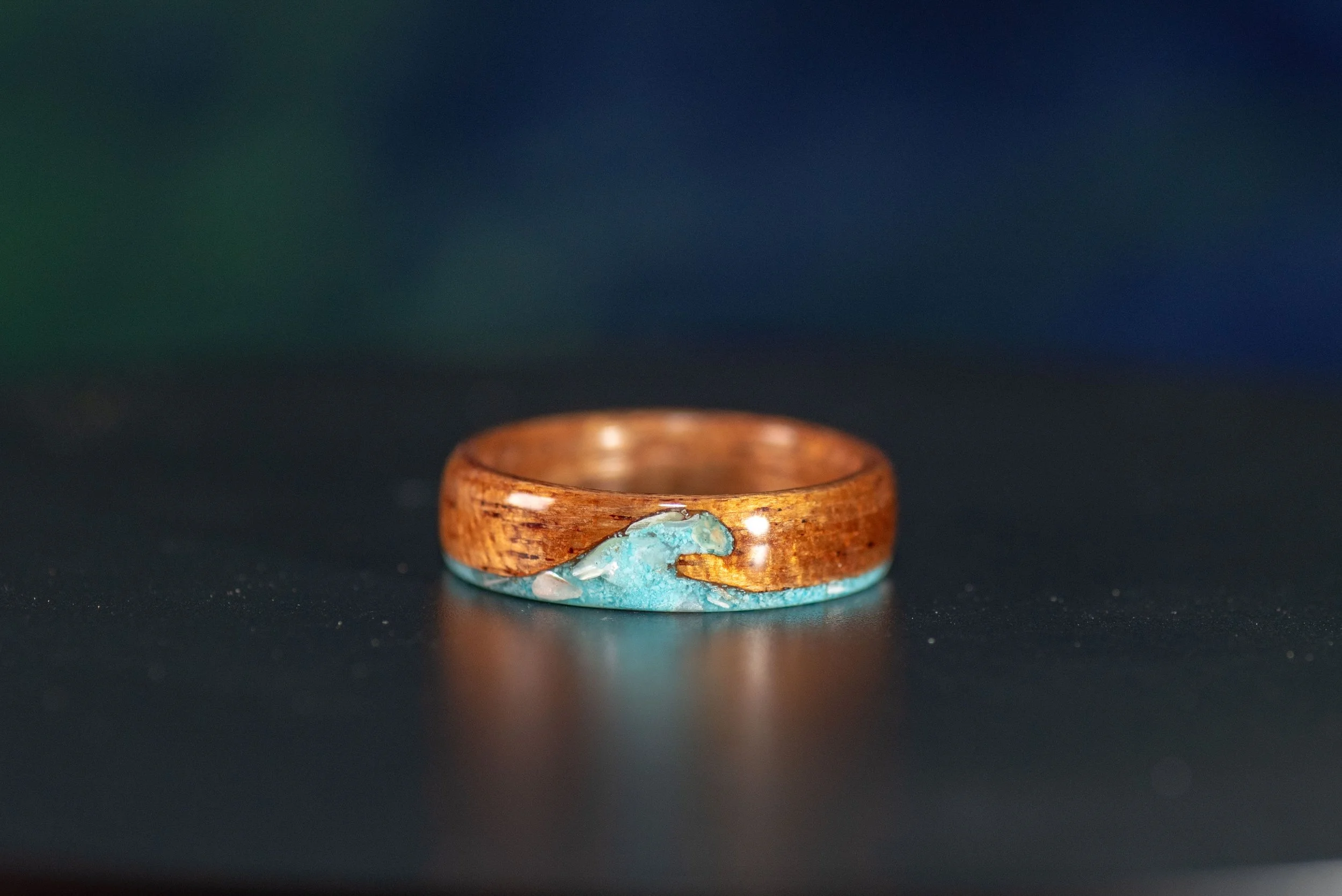 Mahogany Wood Ocean Wave Ring with Turquoise & Mother of Pearl Inlay