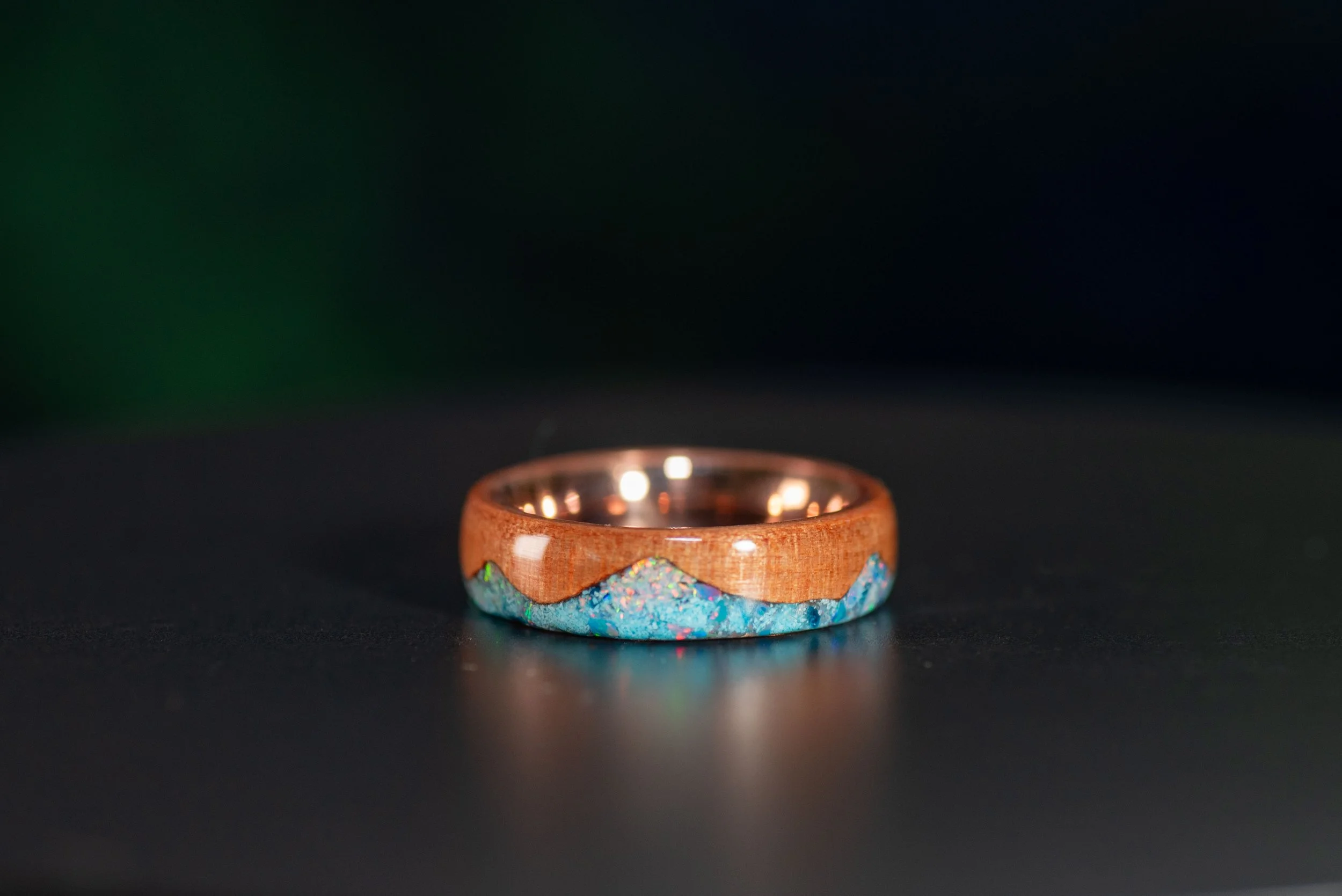 Mountain Ring with Blue Opal, White Opal and Turquoise. Copper Ring Core with CanaryWood