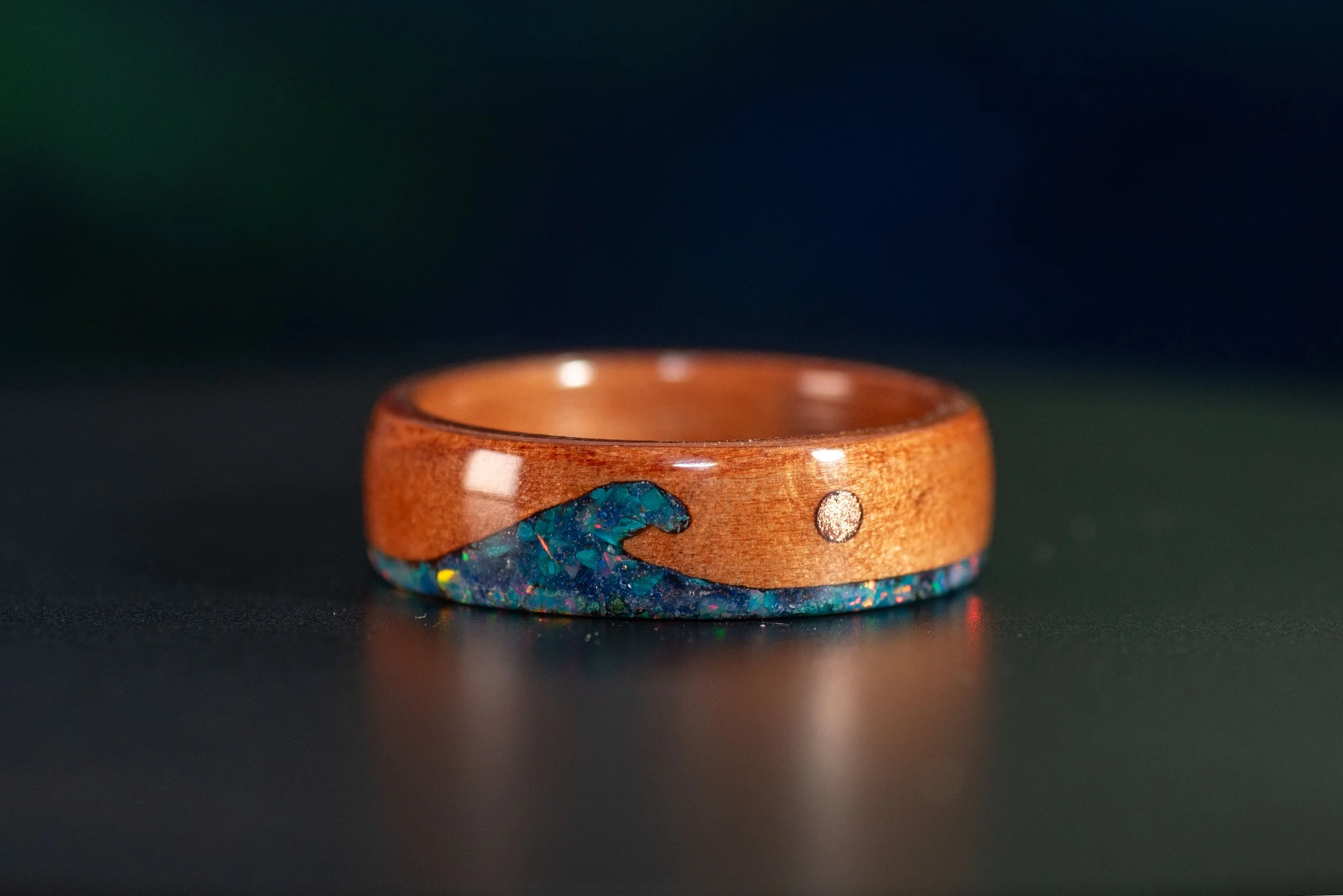 Tineo Wood Ring with Wave Inlay & Copper Sun