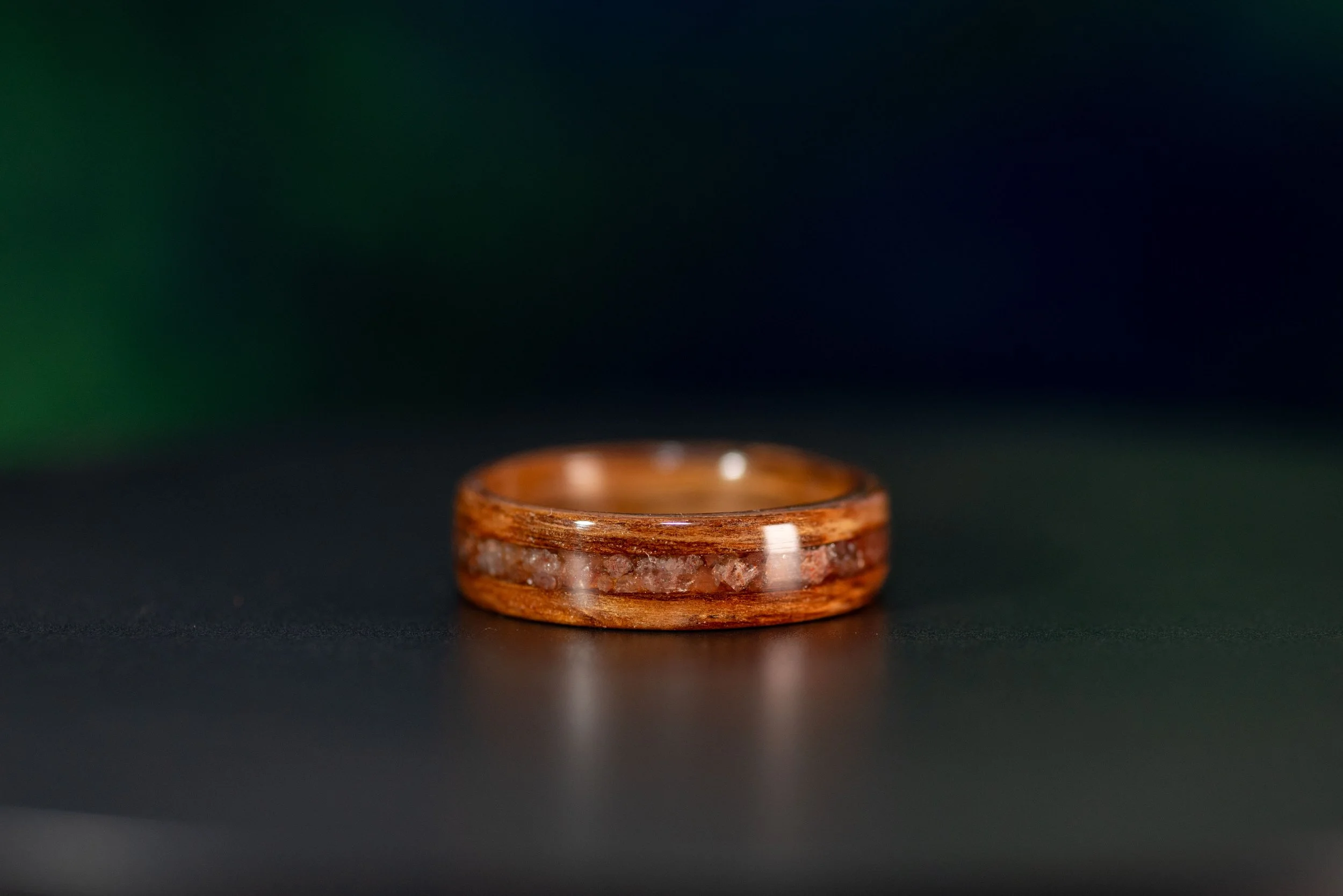 Brown Oak Wood Ring with Sunstone & Carnelian
