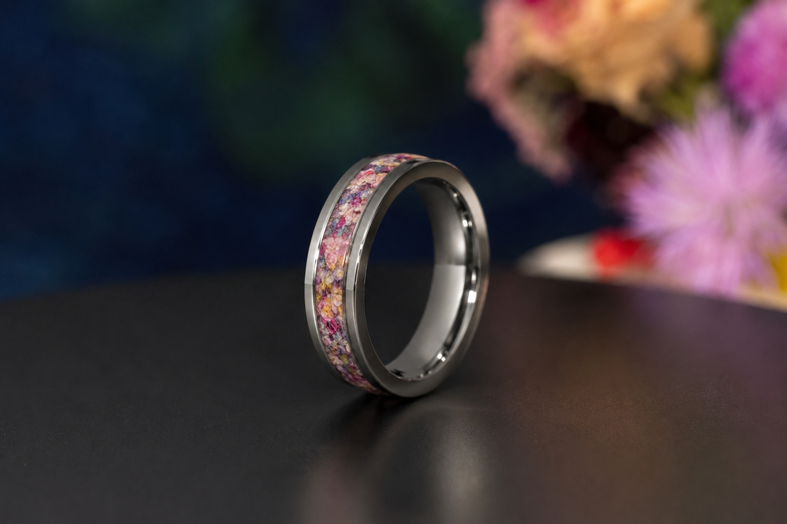 Titanium keepsake ring featuring preserved petals from a customer’s wedding bouquet.