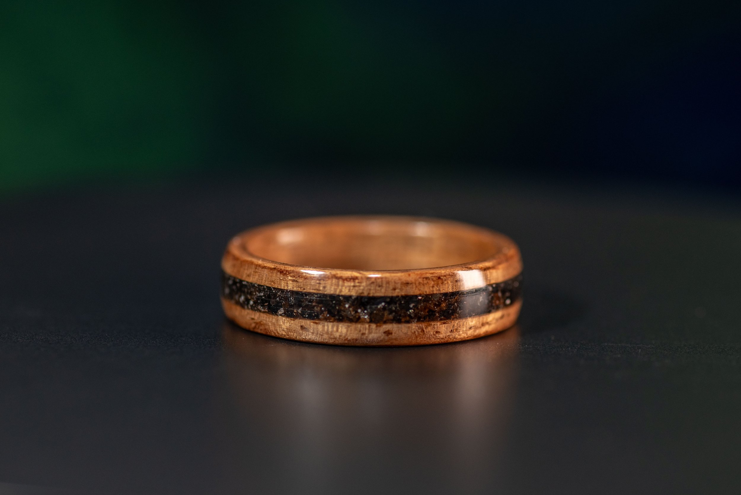 Walnut Wood Ring with Obsidian Inlay