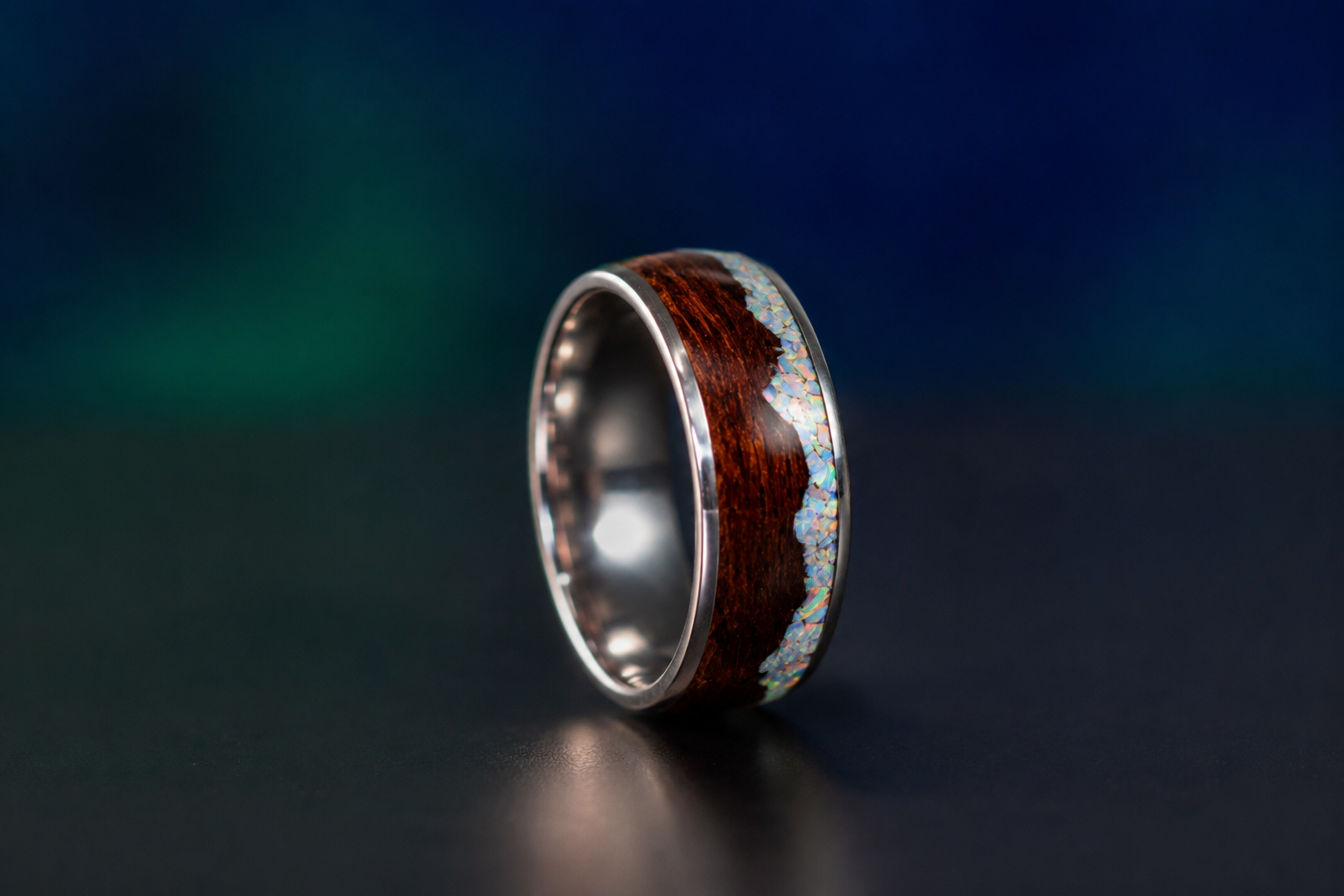 Nature-inspired men’s engagement ring with a smoked rosewood mountain landscape and white opal inlay