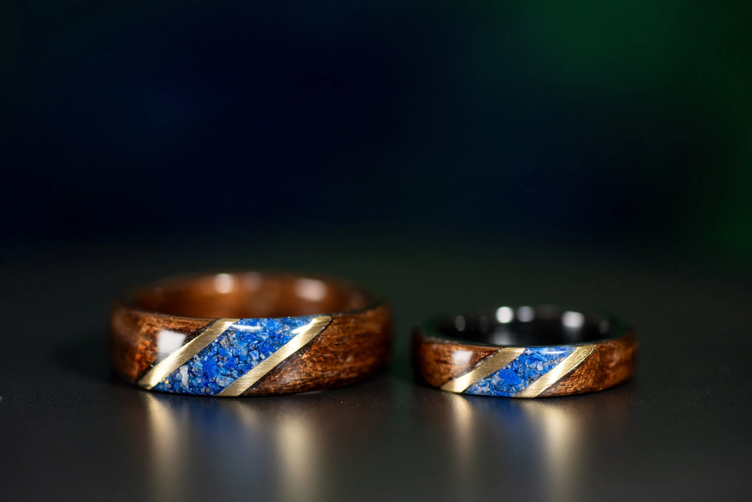 Unique wood ring for men or women with brass and lapis detail