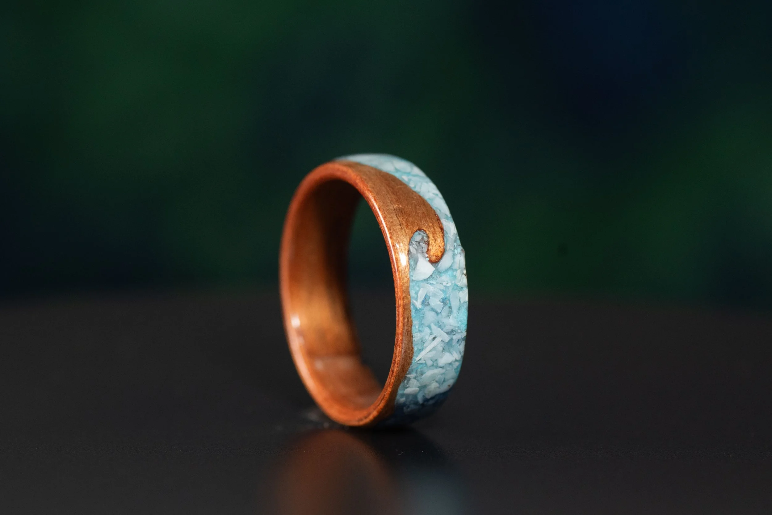 Handmade beach wedding band with koa wood, turquoise, larimar and customizable metal core.