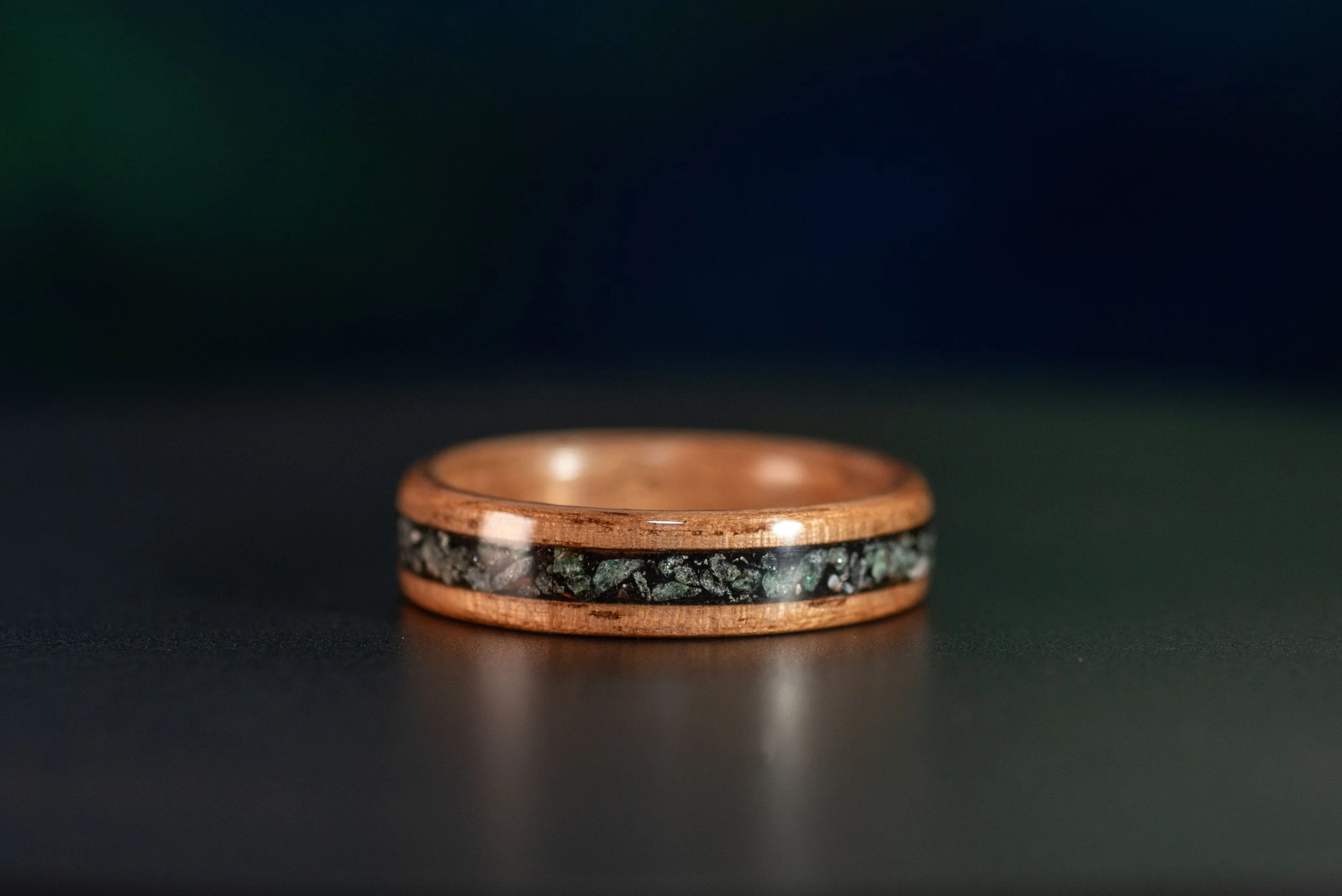 Walnut Wood Ring with Black Tourmaline & Emerald Inlay