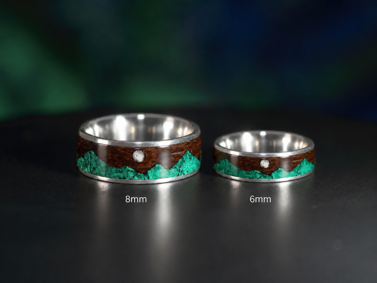 two sterling silver rings 6mm and 8mm widths with malachite inlay