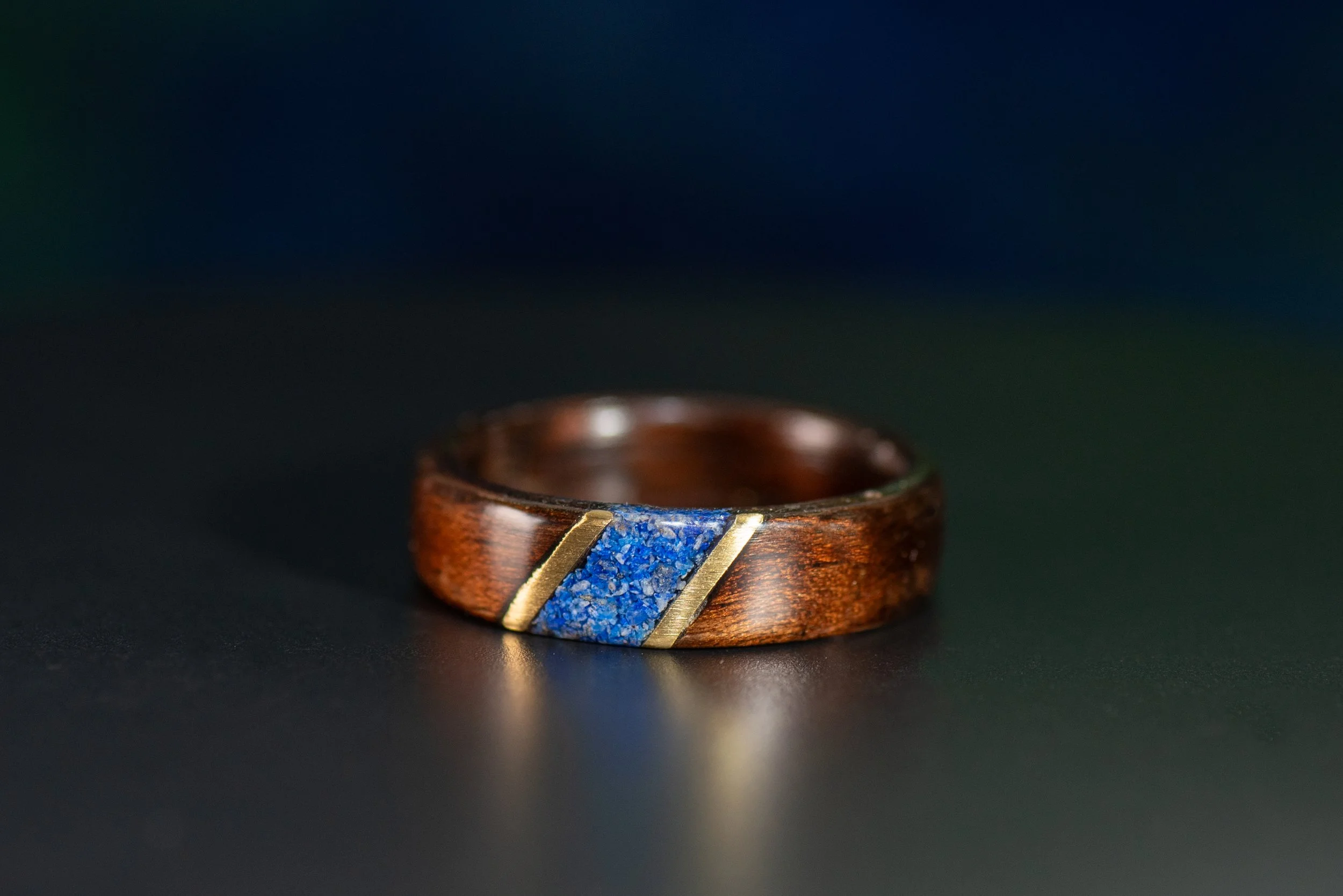 Smoked Rosewood Ring with Lapis Lazuli & Brass Diamond Inlay