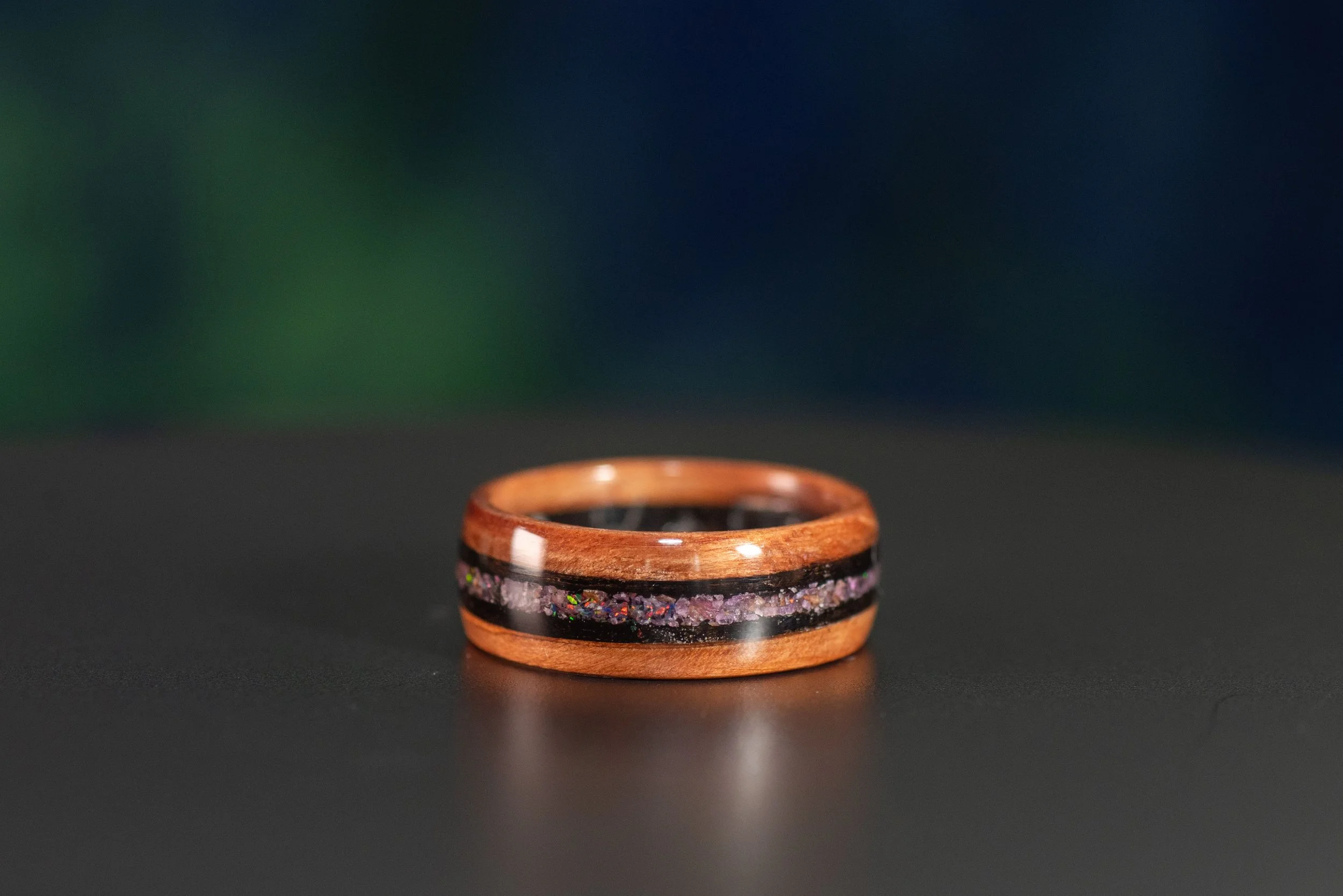 Redwood & Smoked Rosewood Ring with Garnet & Black Opal