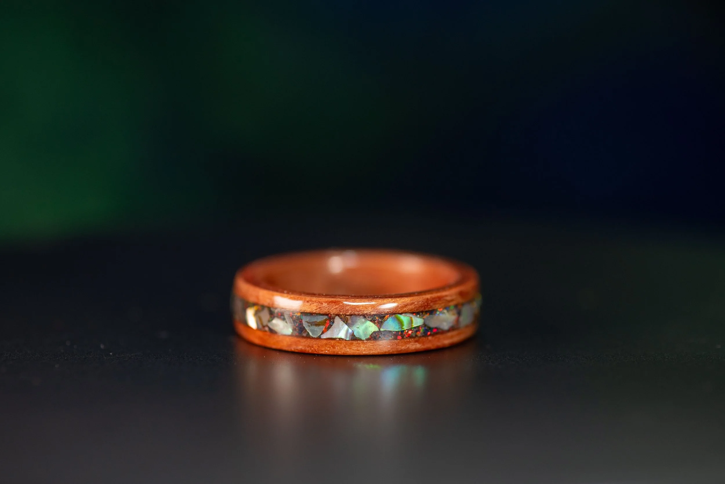 California Redwood Ring with Abalone & Black Fire Opal Inlay