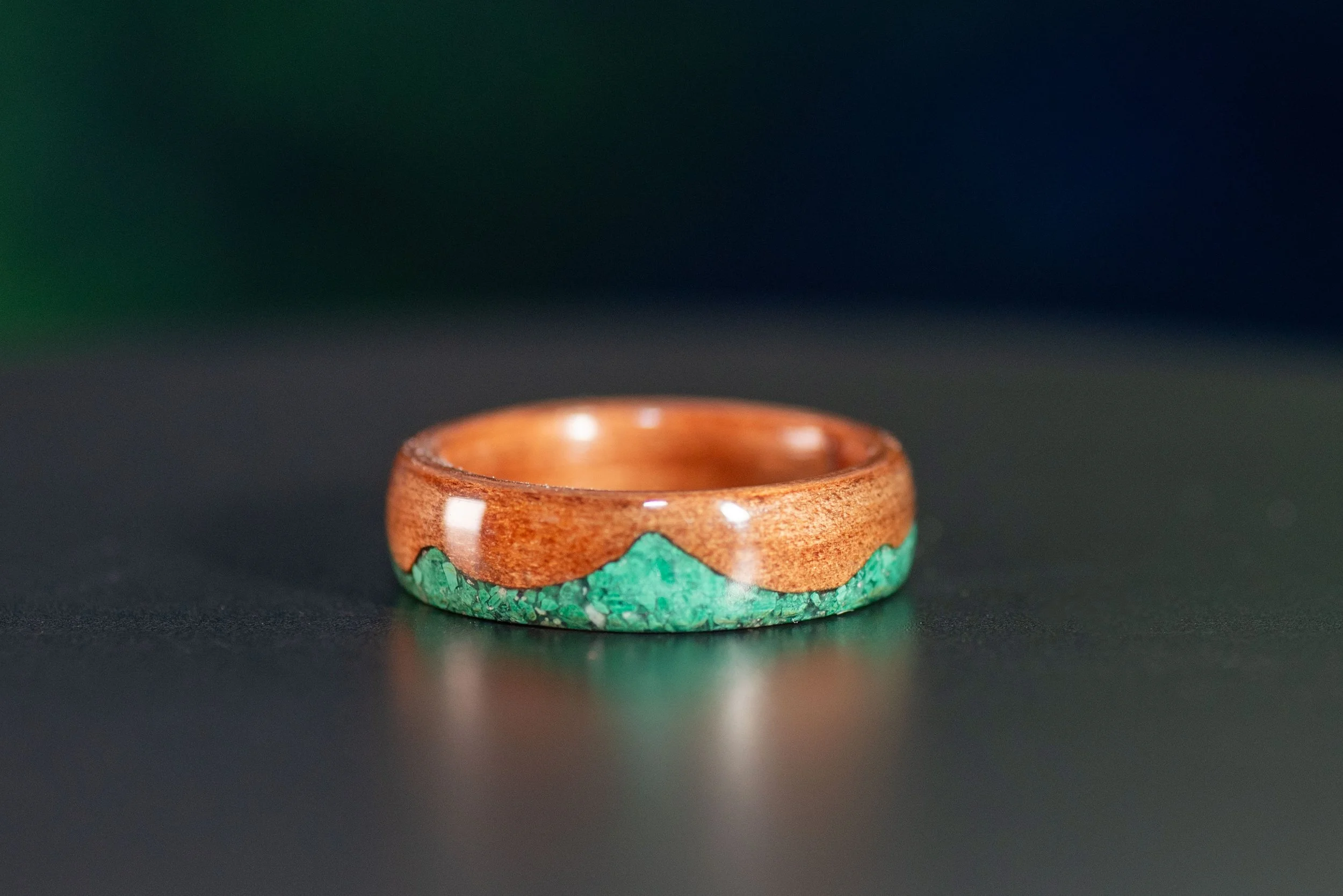 Tineo Wood Mountain Ring with Malachite Inlay