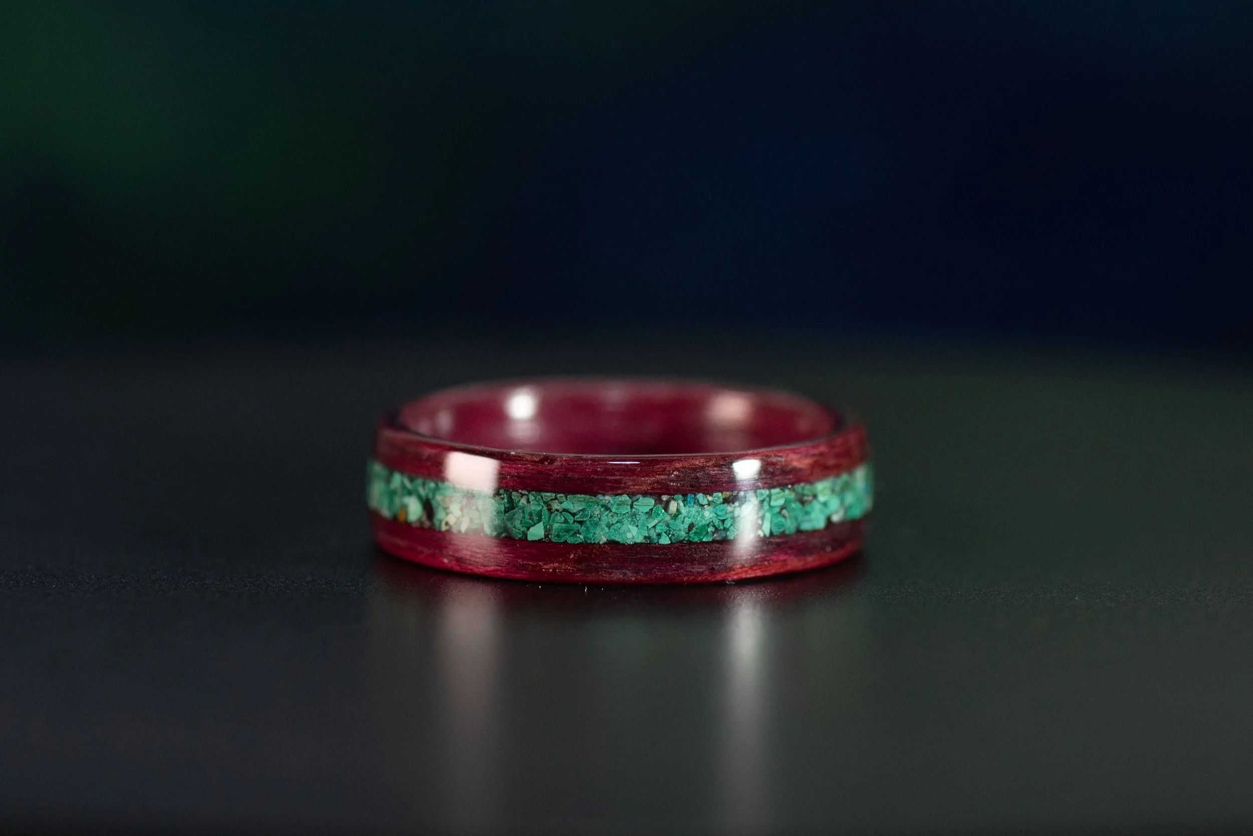Purpleheart Wood Ring with Malachite & Chrysocolla Inlay