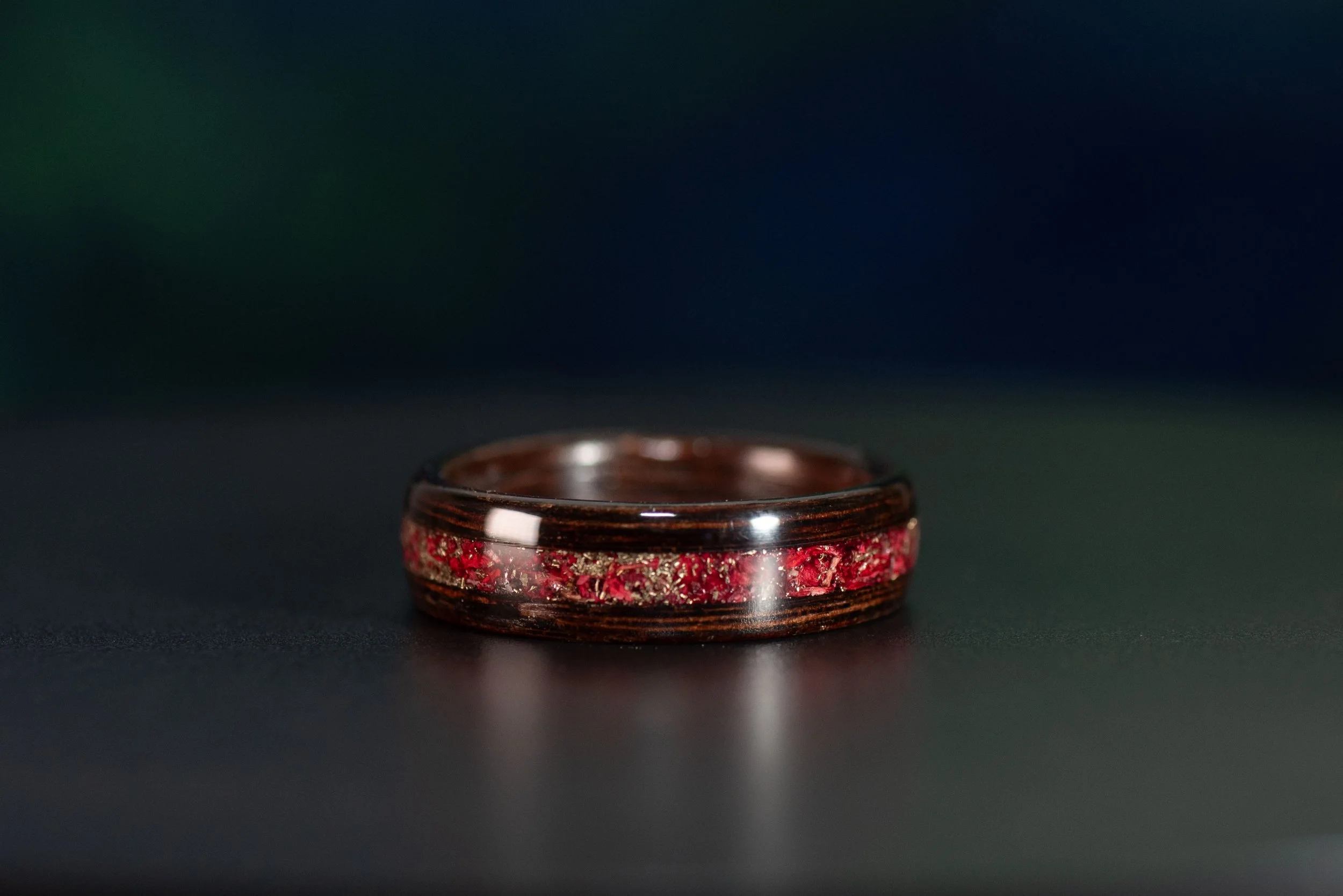 Smoked Rosewood Ring with Red Rose and Brass