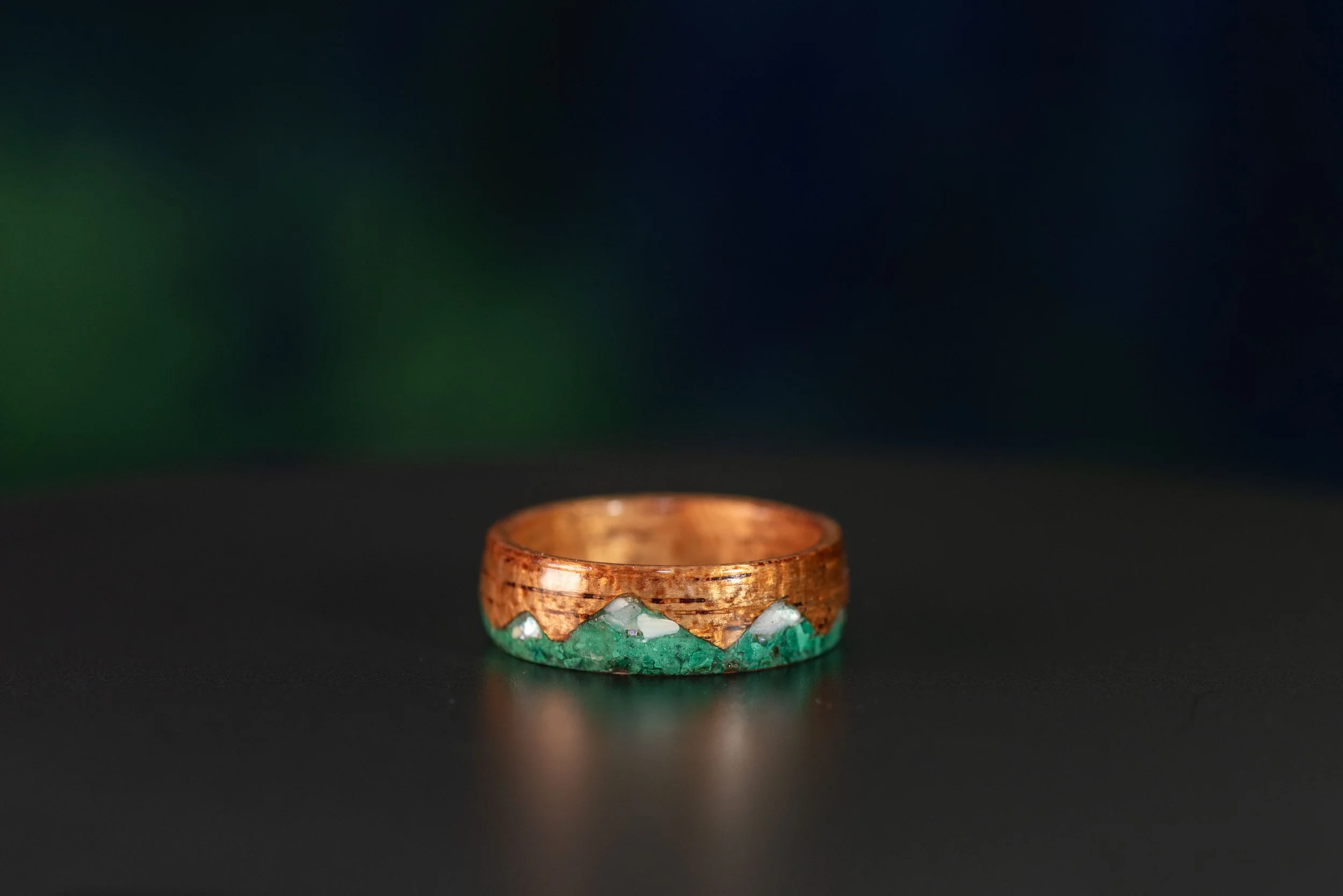Mahogany Wood Mountain Ring with Malachite & Mother of Pearl Peaks