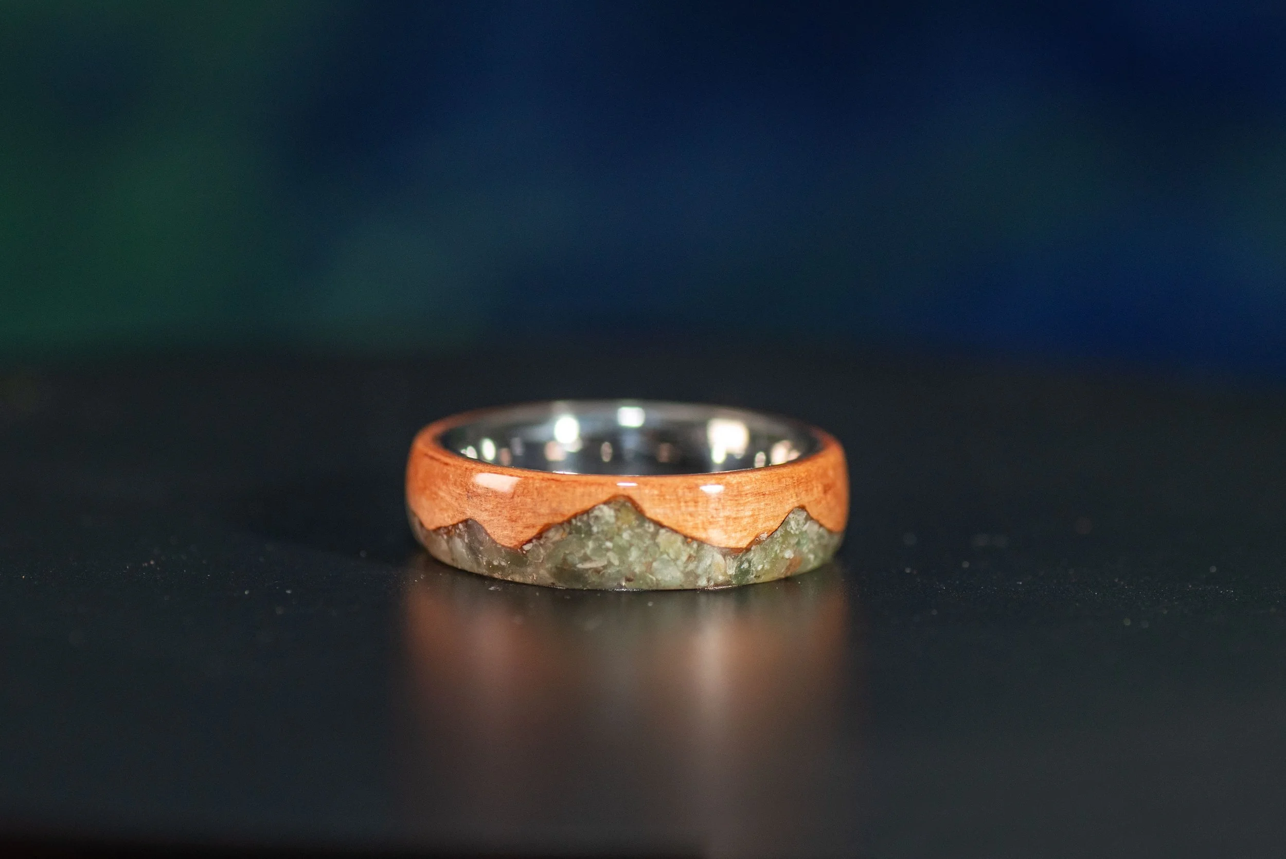 Jade mountain design wooden ring made from Tineo wood