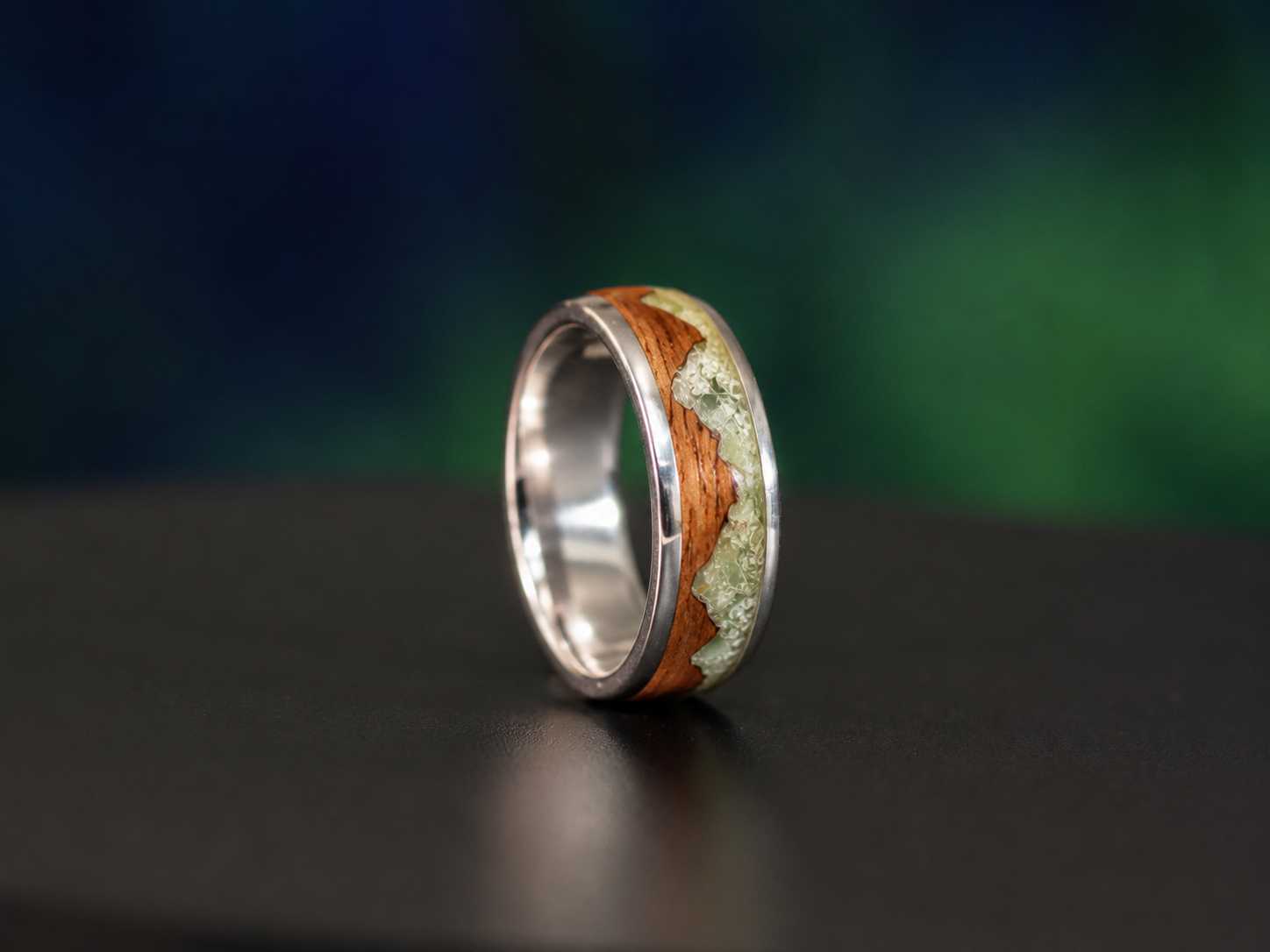 handcrafted sterling silver mountain wood ring