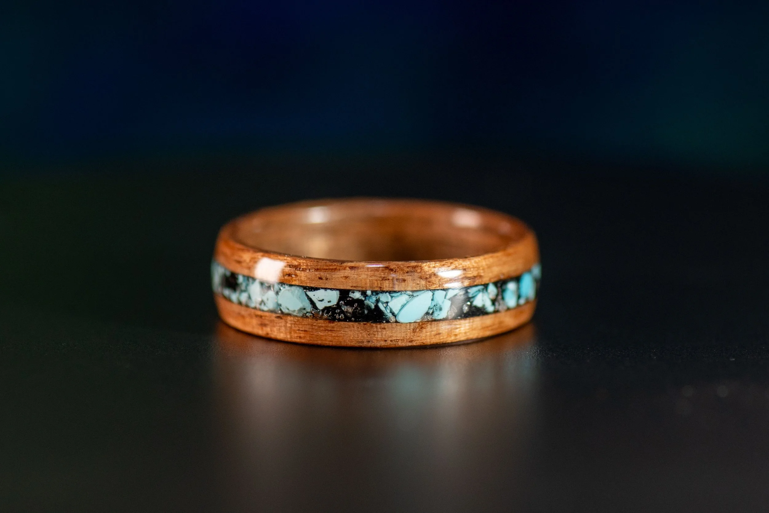 Walnut Wood Ring with Sleeping Beauty Turquoise & Black Tourmaline Inlay