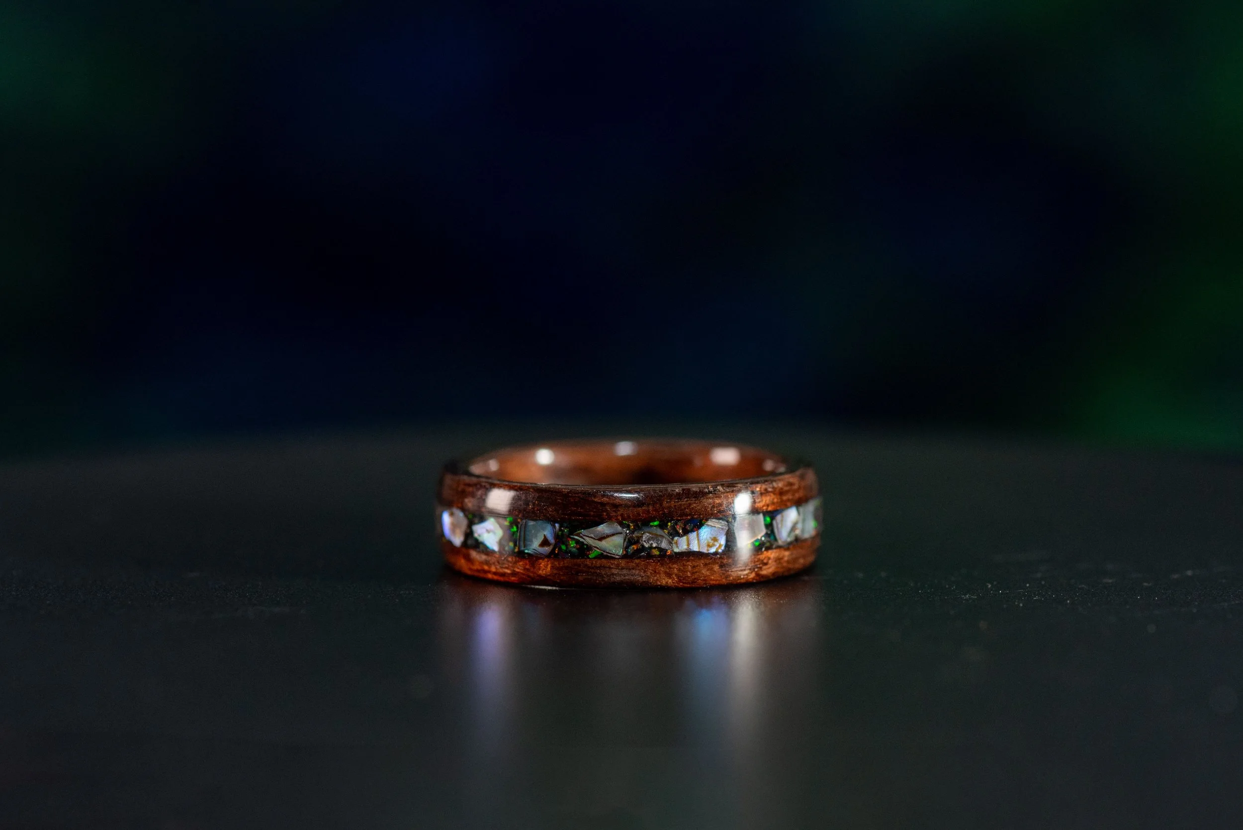Smoked Rosewood Ring with Abalone & Black Opal Inlay