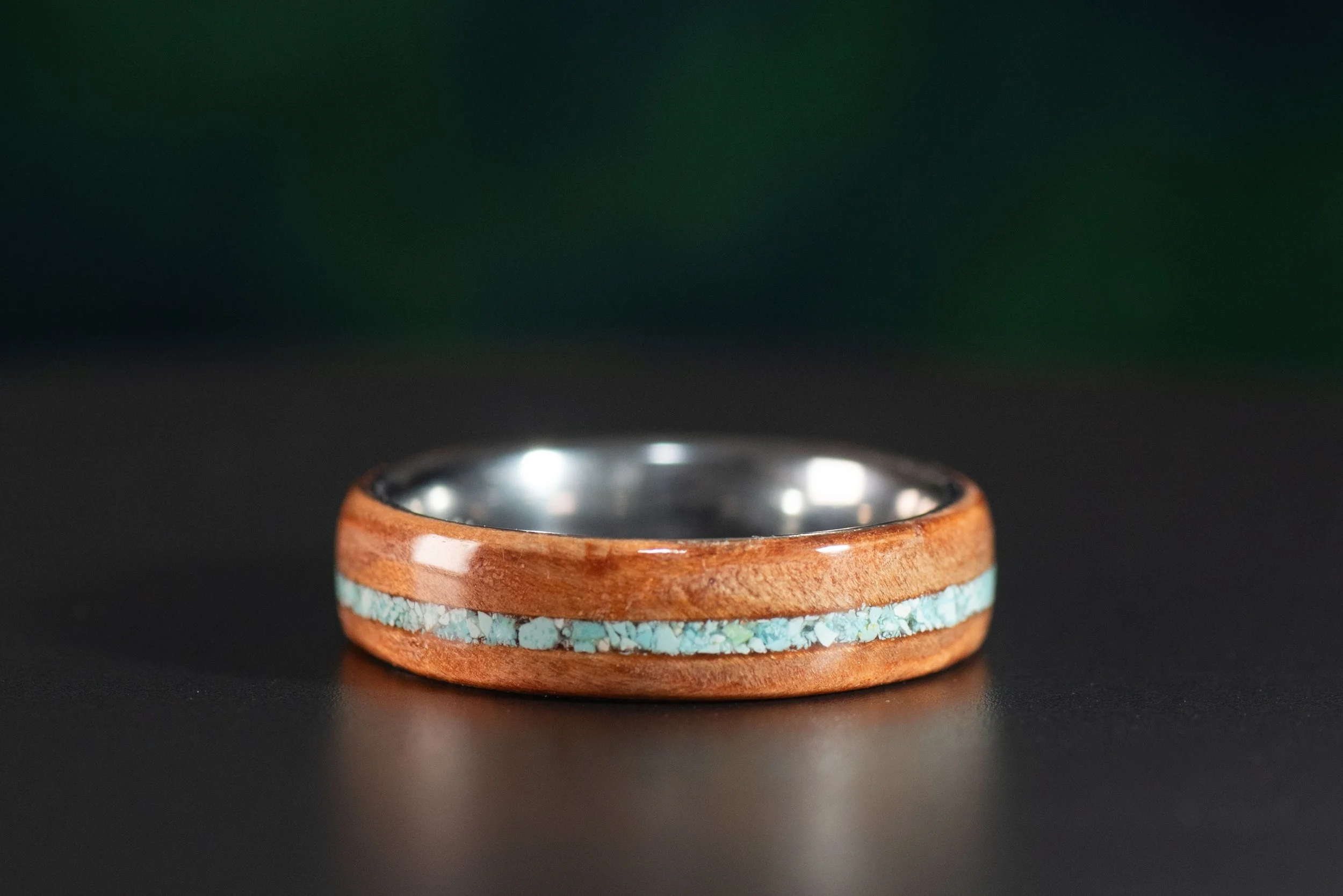 California Redwood Ring with Turquoise Stripe – Stainless Steel Core