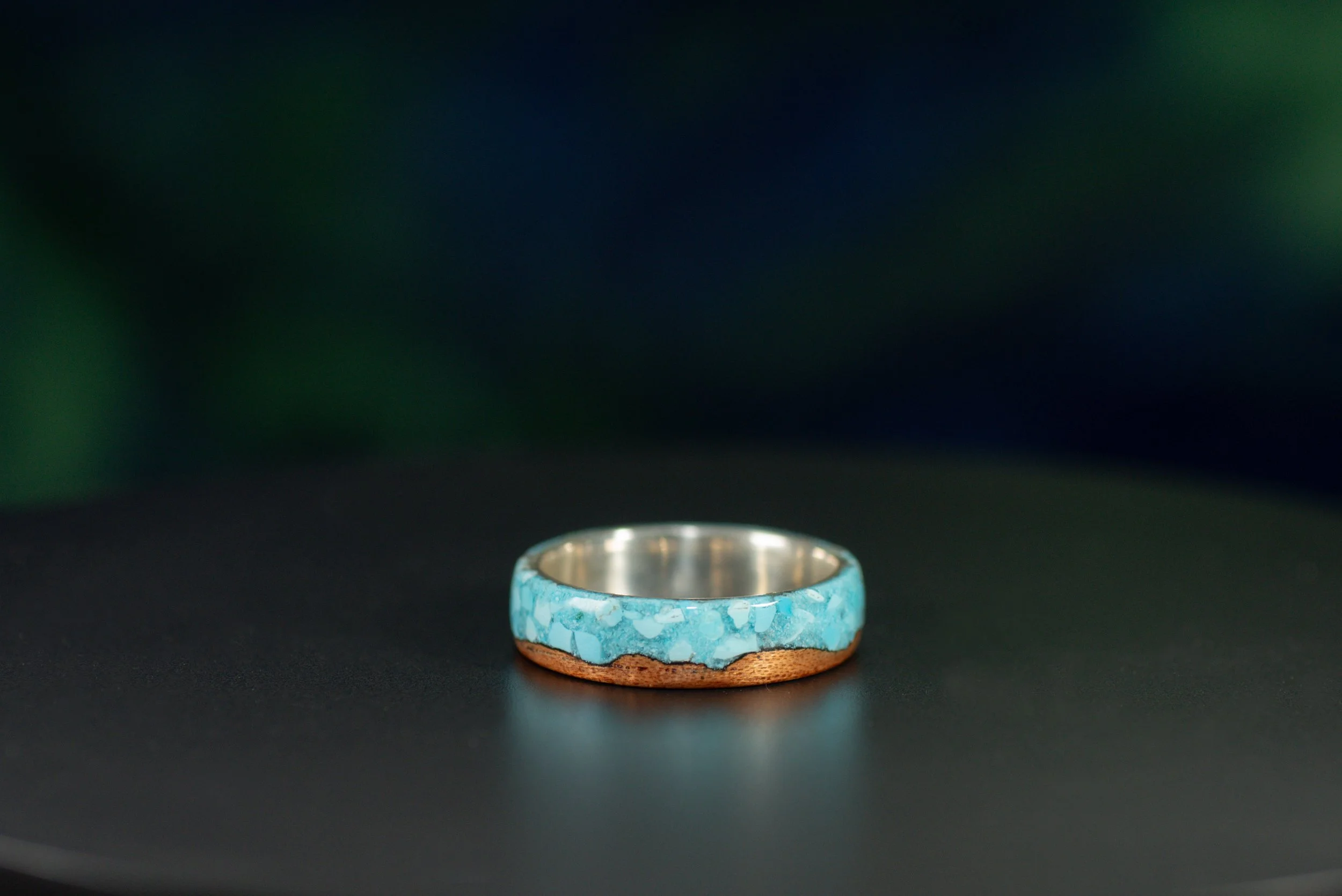 Desert landscape wood ring with turquoise sky, cactus inlay and polished sterling silver ring core.