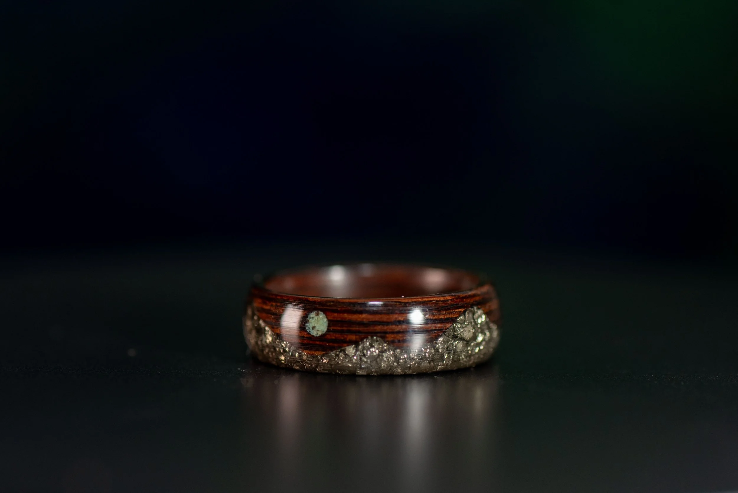 Handcrafted wenge wood ring with pyrite mountain inlay