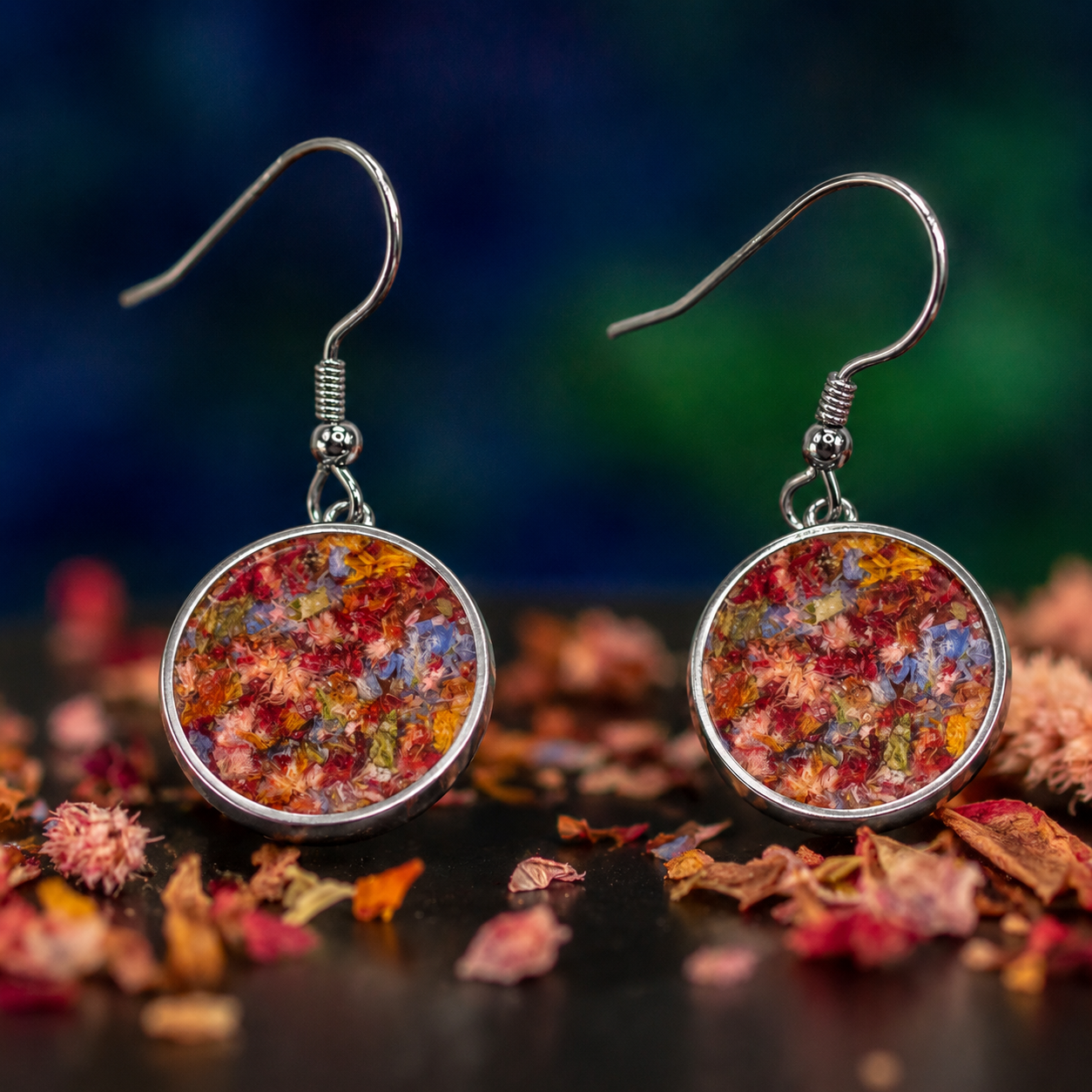 Sterling silver memorial flower earrings handcrafted using flowers from a celebration of life arrangement