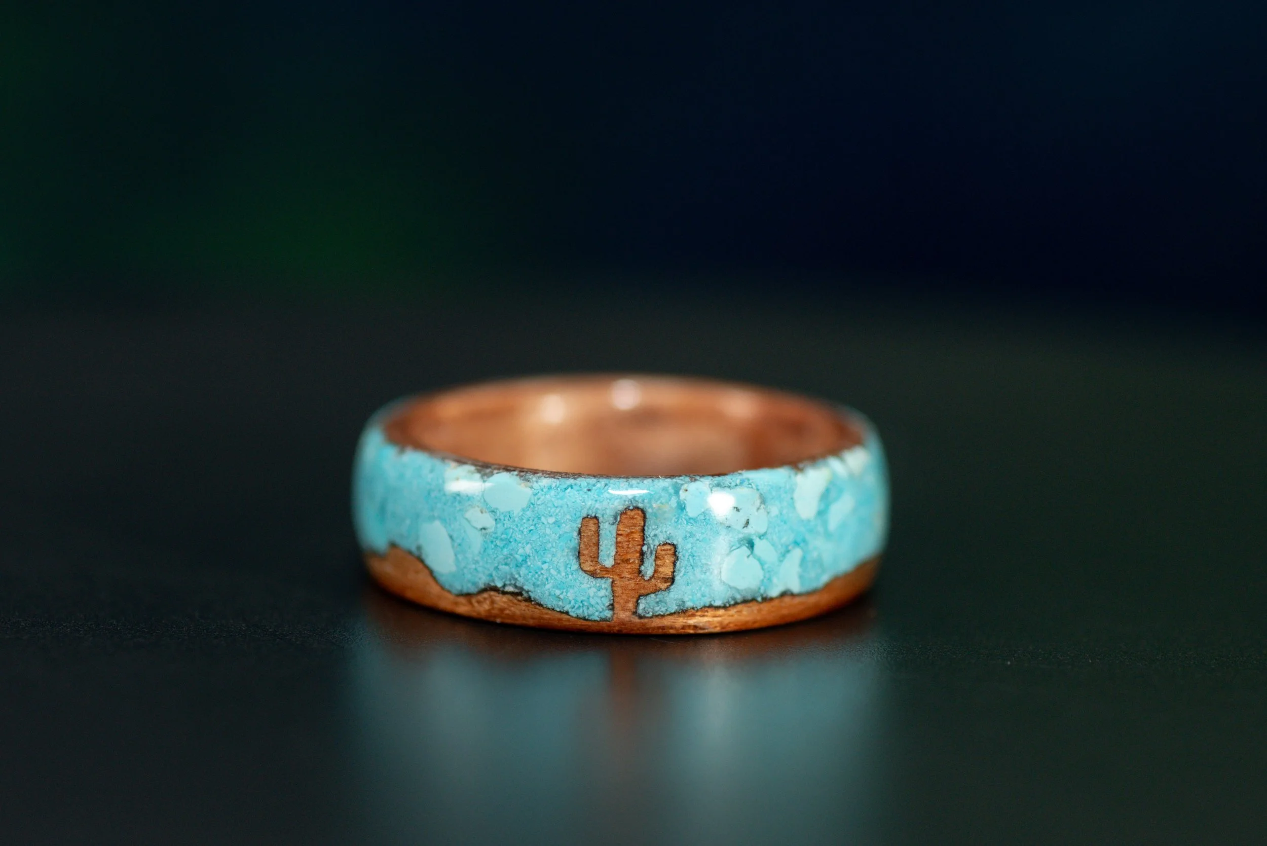 Cedar Saguaro Cactus Ring with Sleeping Beauty Turquoise Inlay