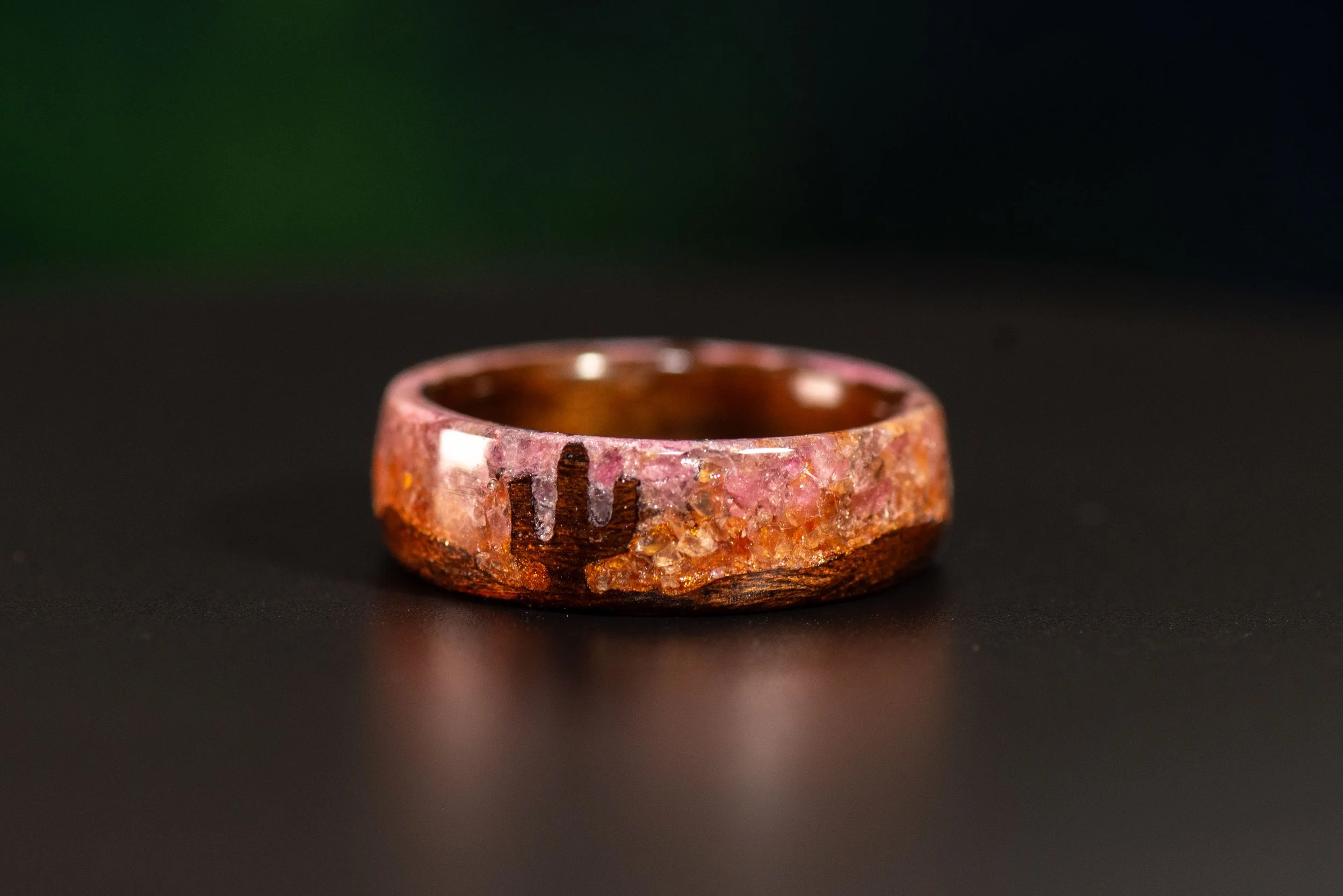 Smoked Rosewood Saguaro Cactus Ring with Sunset Gemstone Inlay