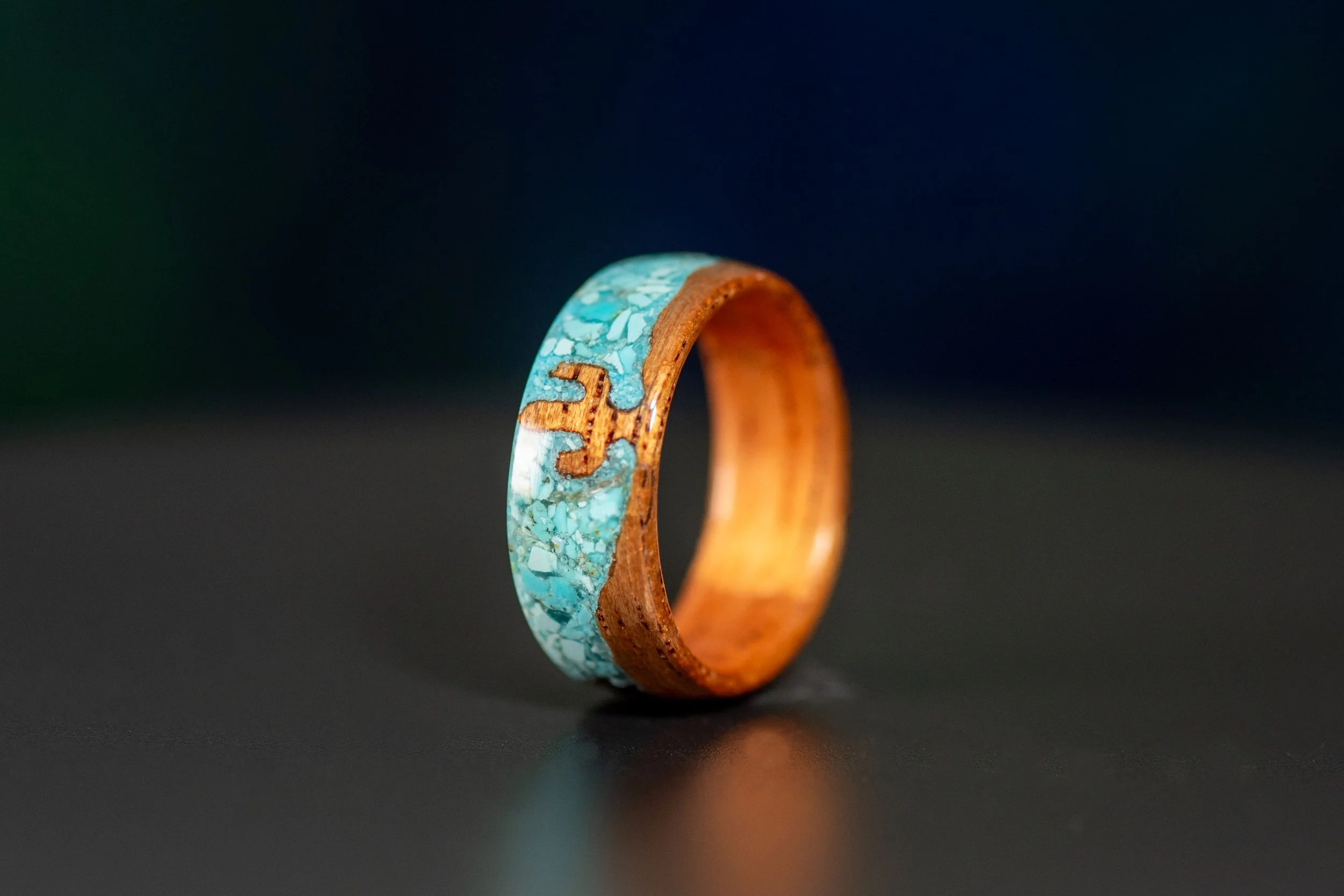 Handmade Arizona inspired cactus ring with cedar wood and turquoise desert sky design.