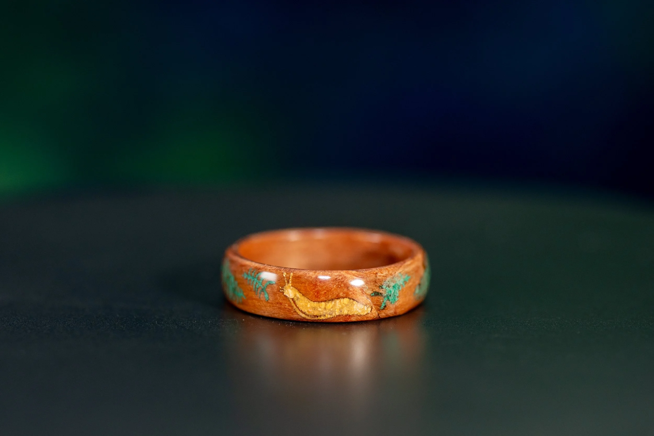 Redwood Banana Slug & Fern Ring | Yellow Jasper & Malachite Inlay