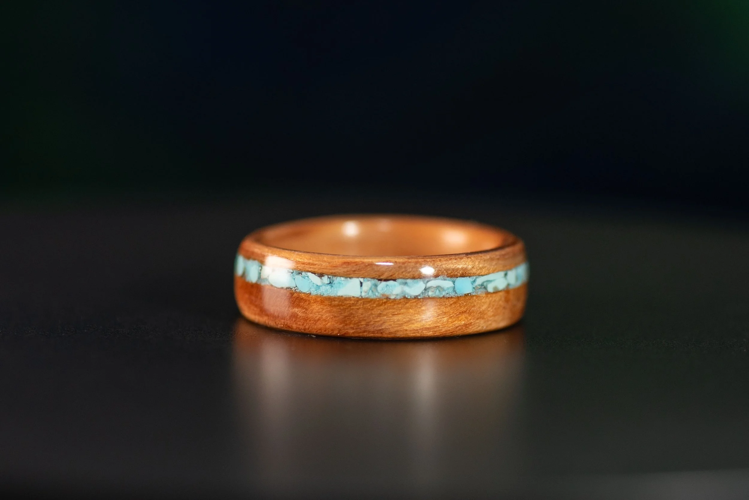 Redwood Wood Ring with Thin Turquoise Stripe Inlay