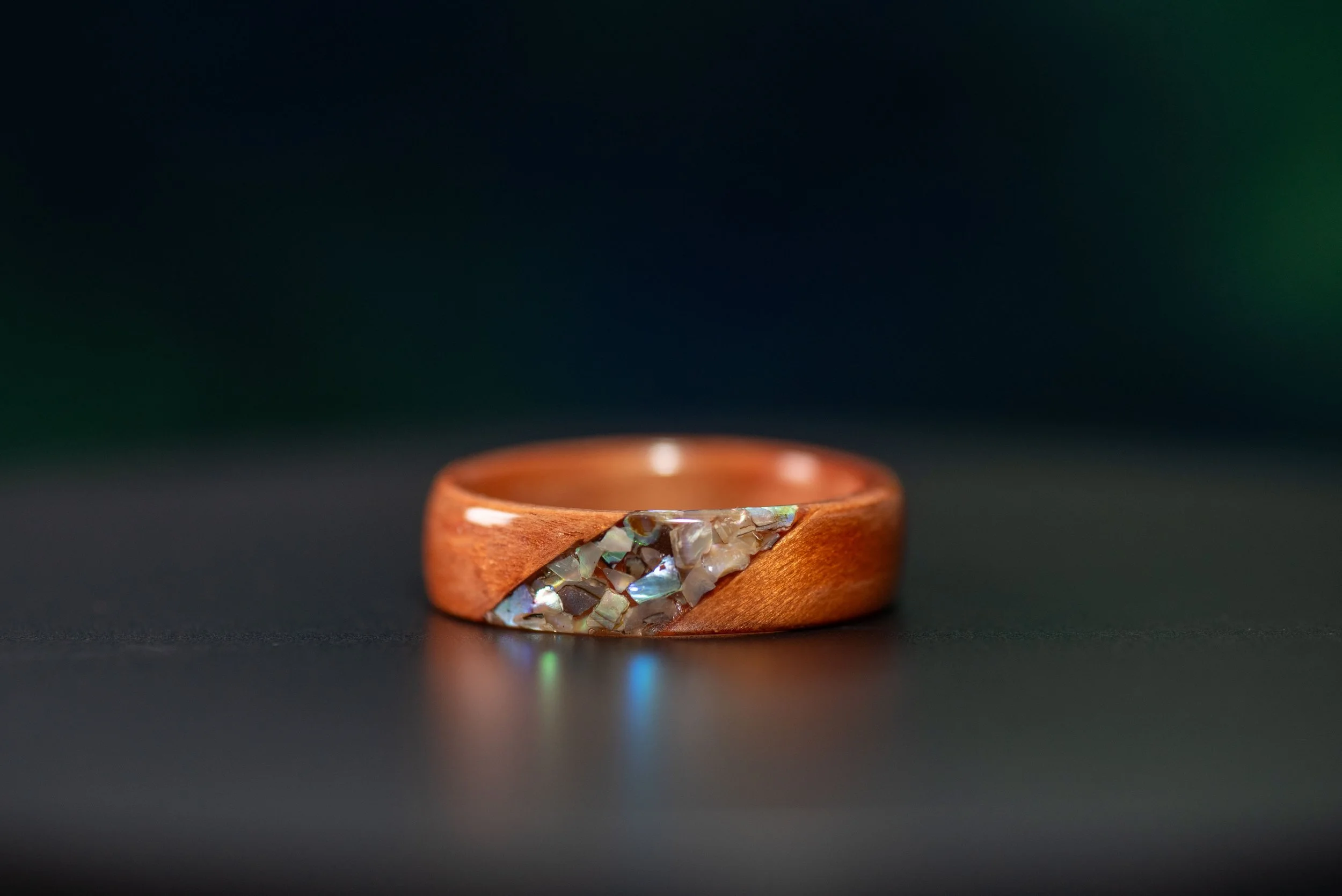 California Redwood Ring with Abalone Inlay