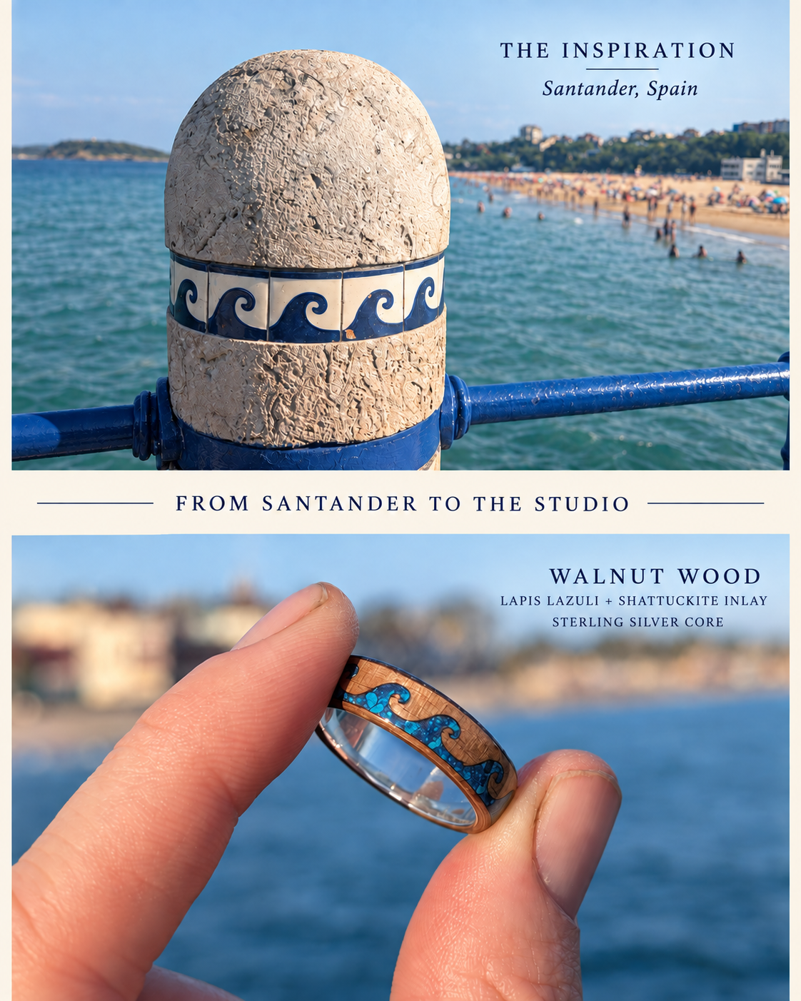 ring inspiration from pilar with wave tiles, transferred to wood ring