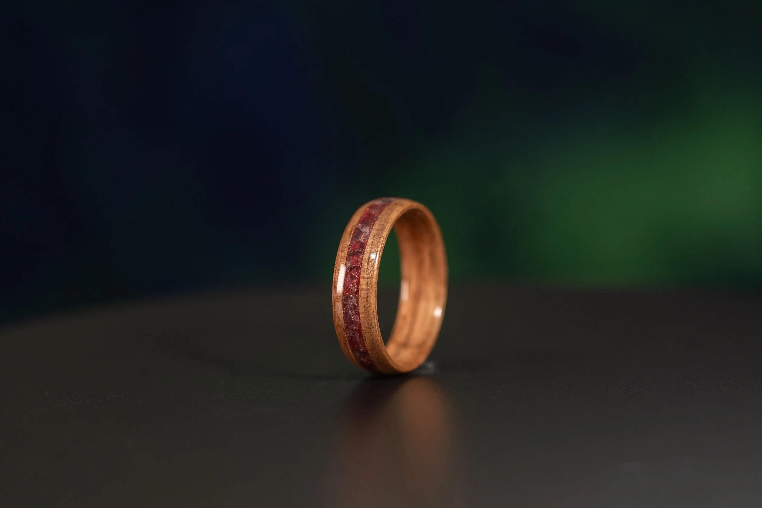Nature inspired wood ring with garnet inlay, handmade