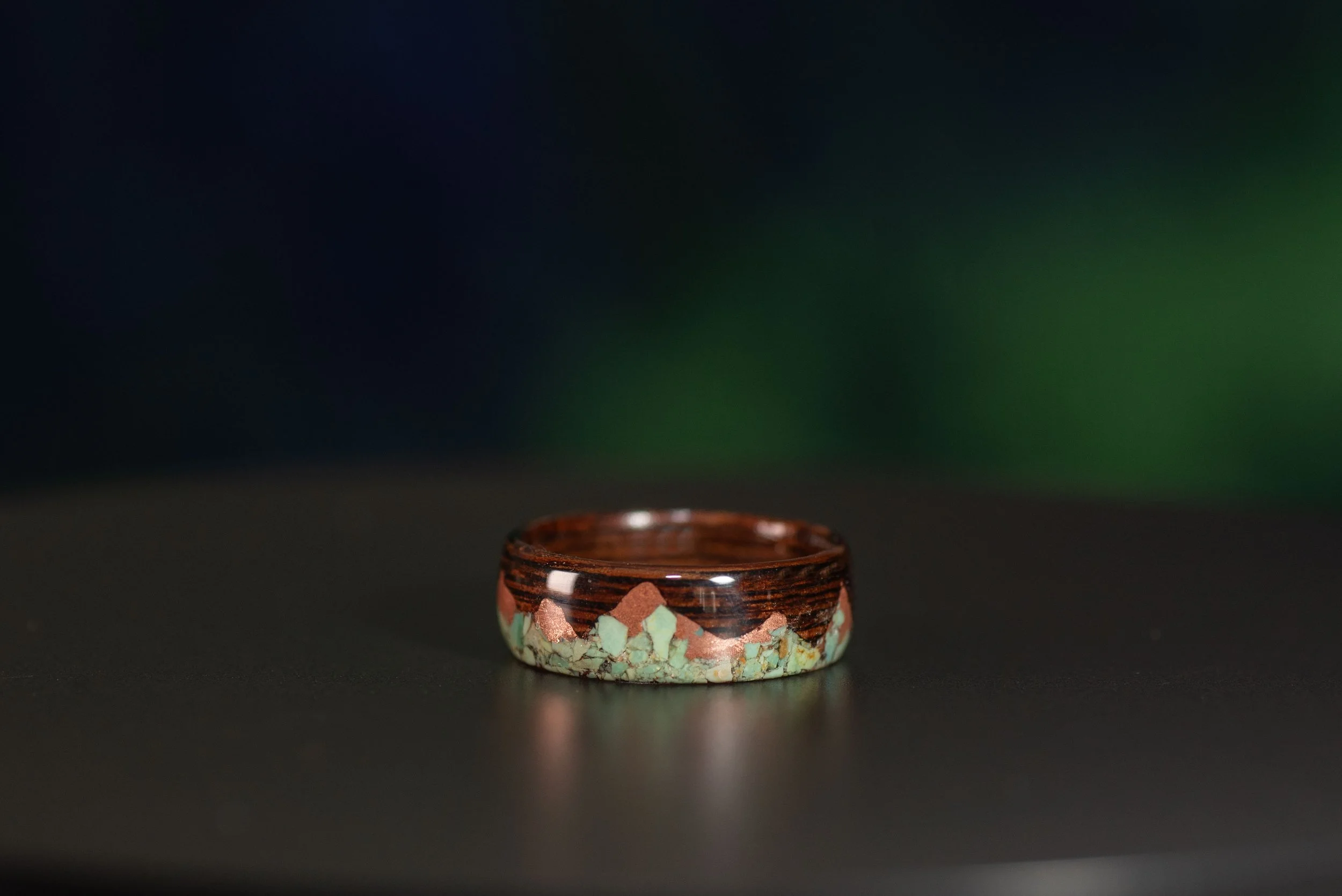 Mountain design wenge wood ring with turquoise and copper inlay