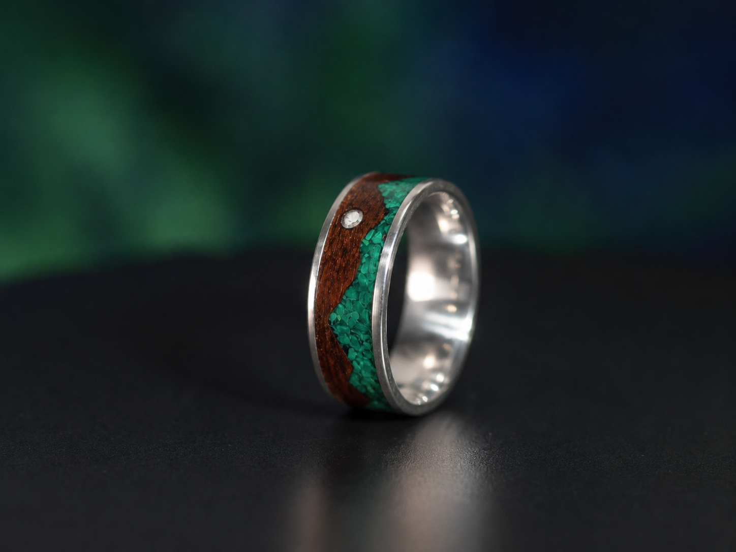 handcrafted sterling silver ring malachite mountain inlay