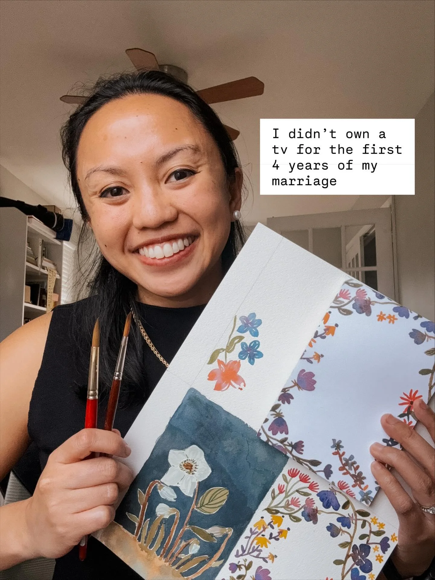 I didn&rsquo;t own a tv for the first 4 years of my marriage.

And I ended up creating A LOT. 

I learned how to do calligraphy, weaving, painting, metal smithing, cyanotypes, batik silk painting, block printing, candle making, sewing, and more!

My 