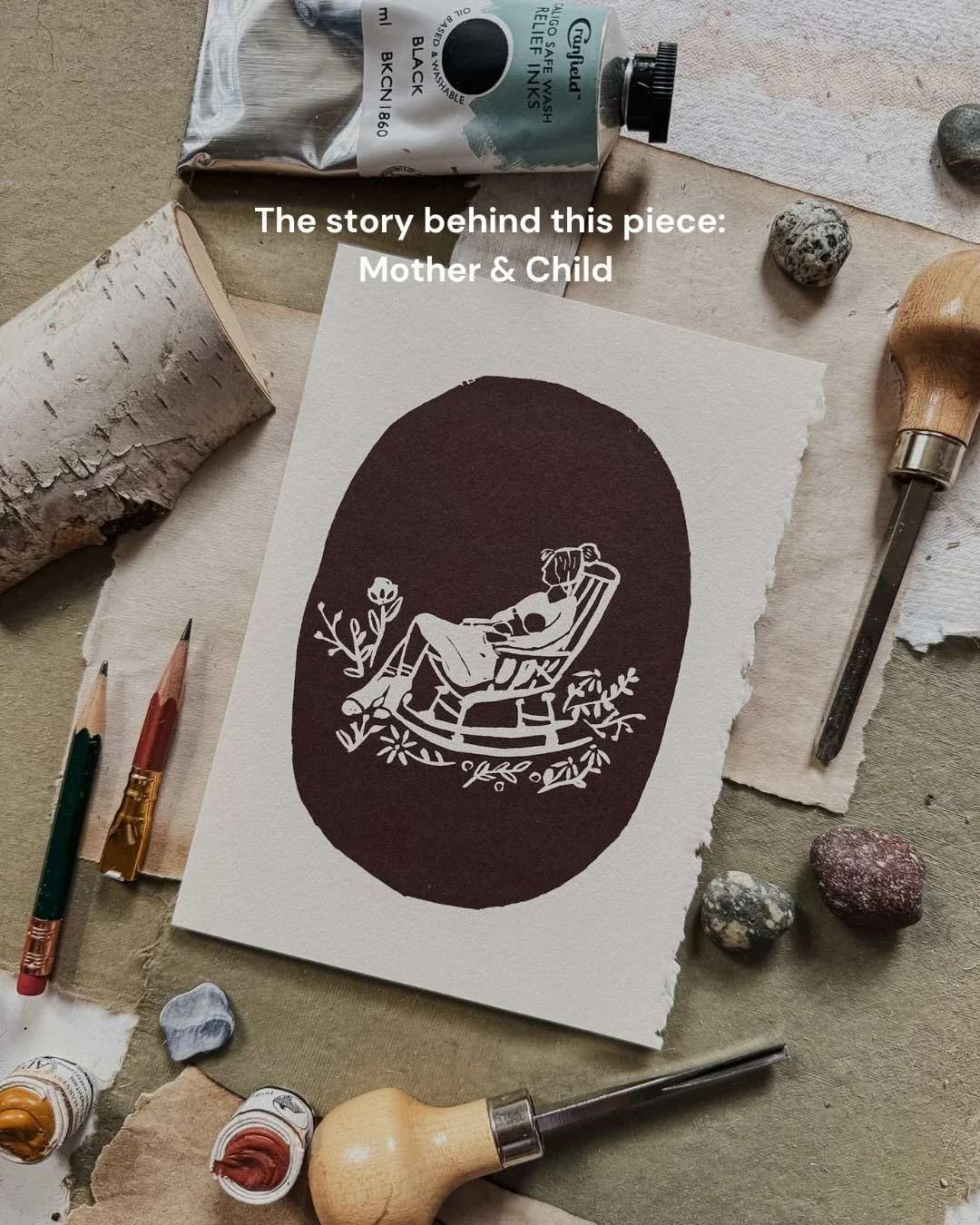 Sharing a little behind the scenes of &ldquo;Mother &amp; Child&rdquo; 🤎

This piece was created in a season of waiting - of hope, heartache, and surrender. Before we knew the answered prayer we&rsquo;re now living.

The print is carved, inked, and 