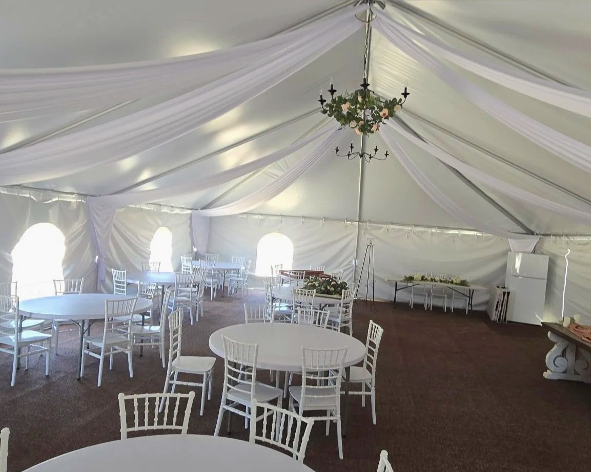 Atrium Elegant Ceiling Drapering (customizable) white cafe lights and Center Candleabras