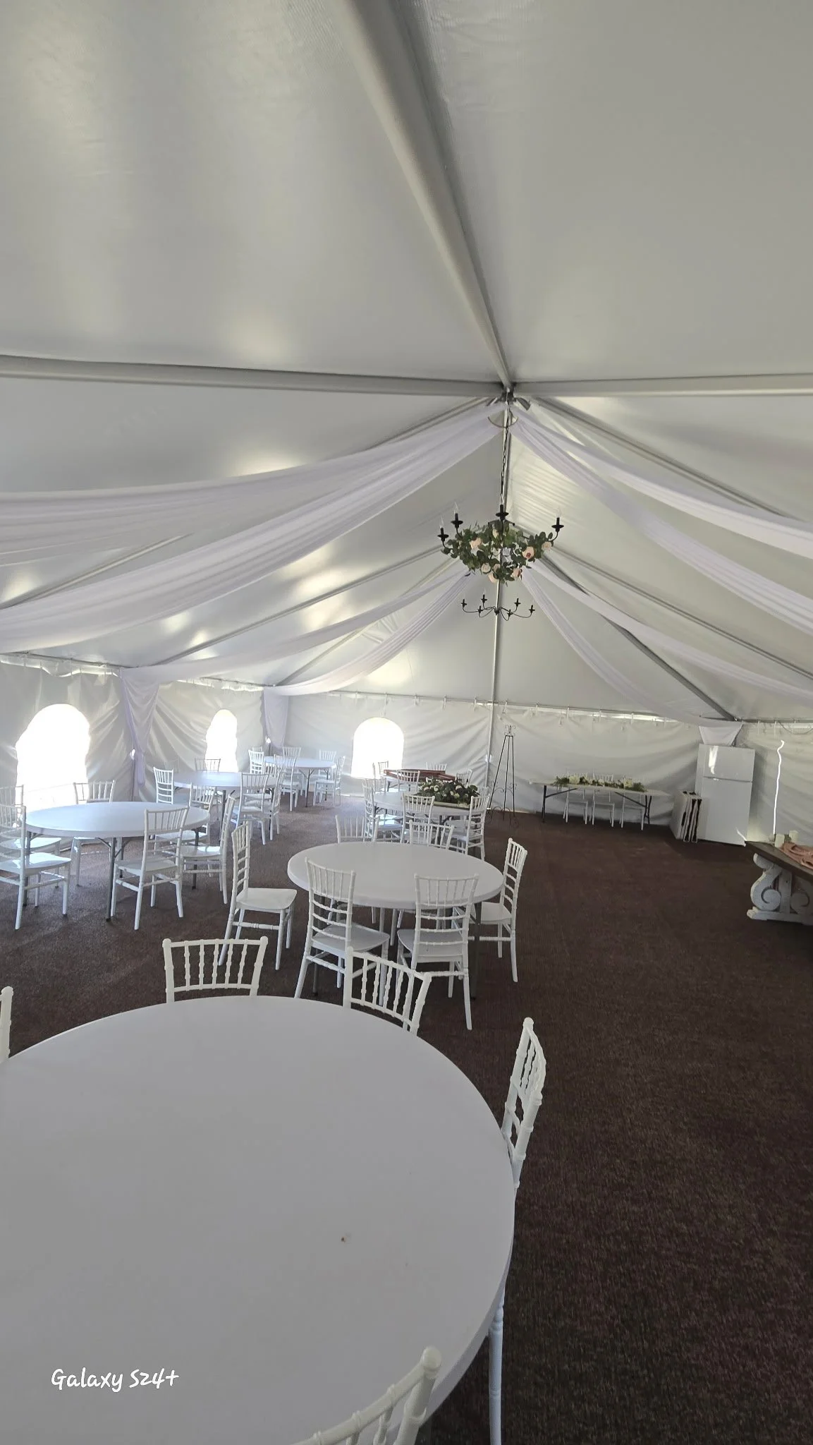 Atrium Elegant Ceiling Drapering (customizable) white cafe lights and Center Candleabras