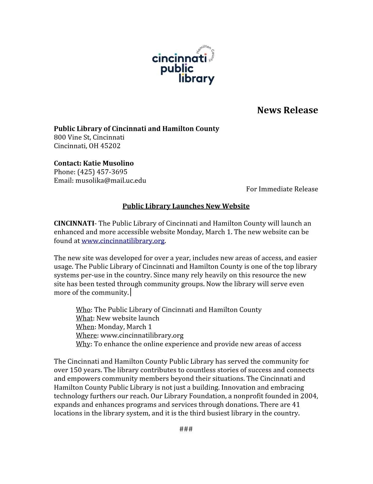 Hybrid News Release to announce the library's new website