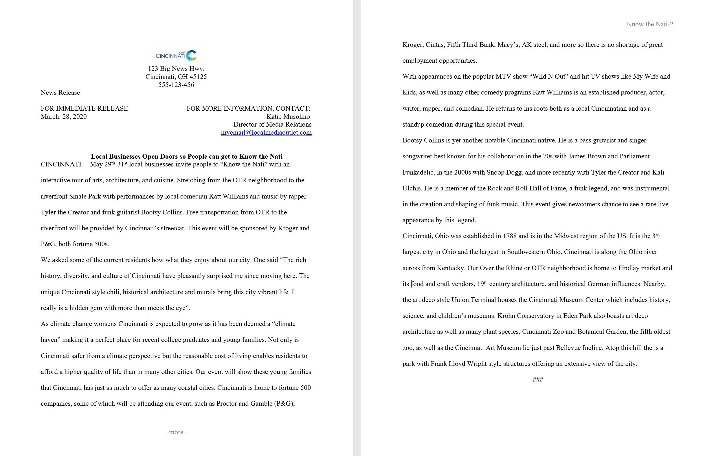 Standard News Release  for an event  to attract new people to Cincinnati and welcome new comers.