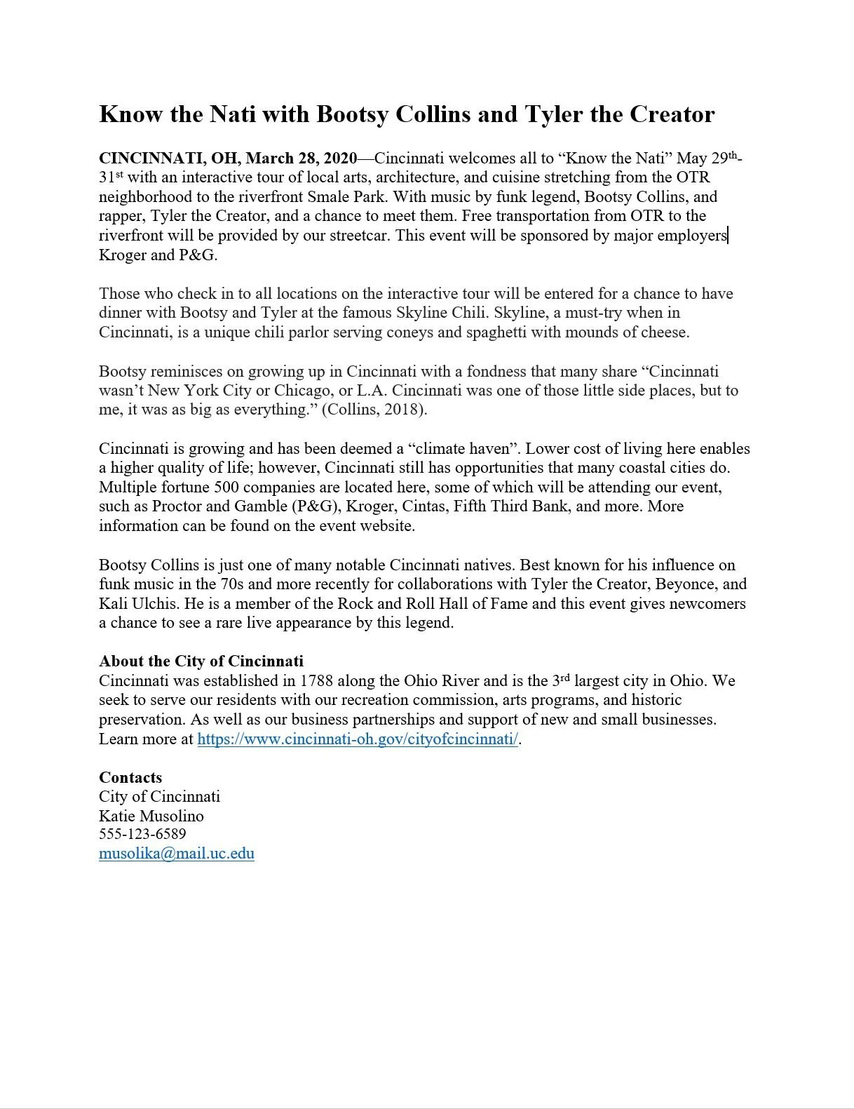 Email News Release for an event  to attract new people to Cincinnati and welcome new comers. 