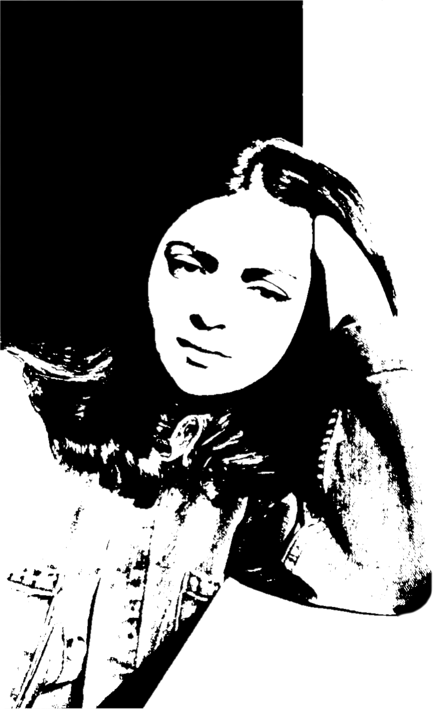 A picture of Suna Afshan, It's in black and white like a linocut.