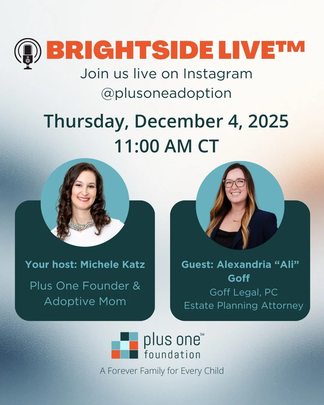 🌟 Brightside Live! 🌟

We&rsquo;re all about looking on the Brightside &ndash; no angst, no fear, just practical, empowering resources for families! 💛

This Thursday, December 4 at 11:00 AM CT, Plus One Adoption founder Michele chats with Alexandri