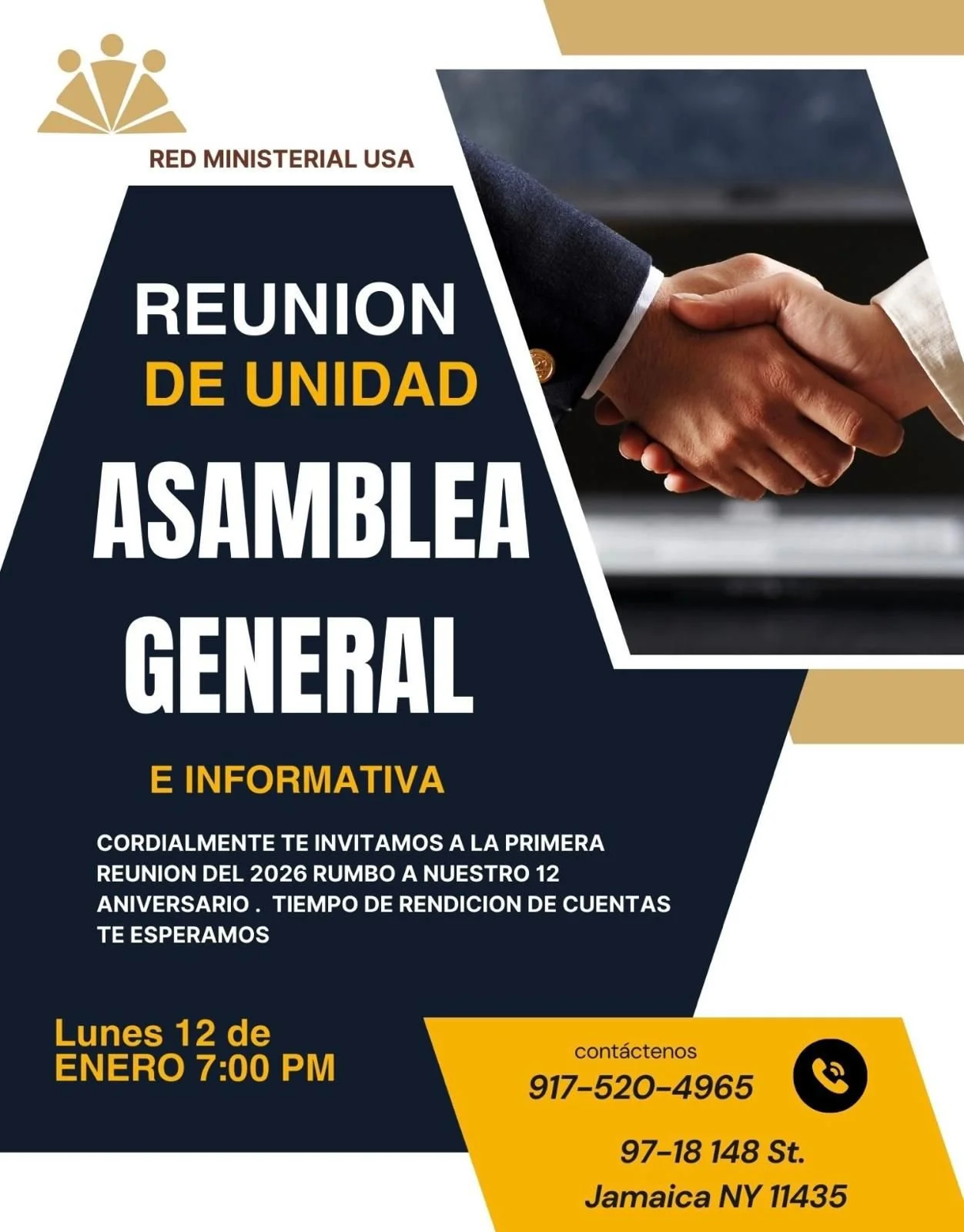 El 12 de Enero la Red Ministerial USA tendra su primera reunion del 2026, ASAMBLEA GENERAL INFORMATIVA. 