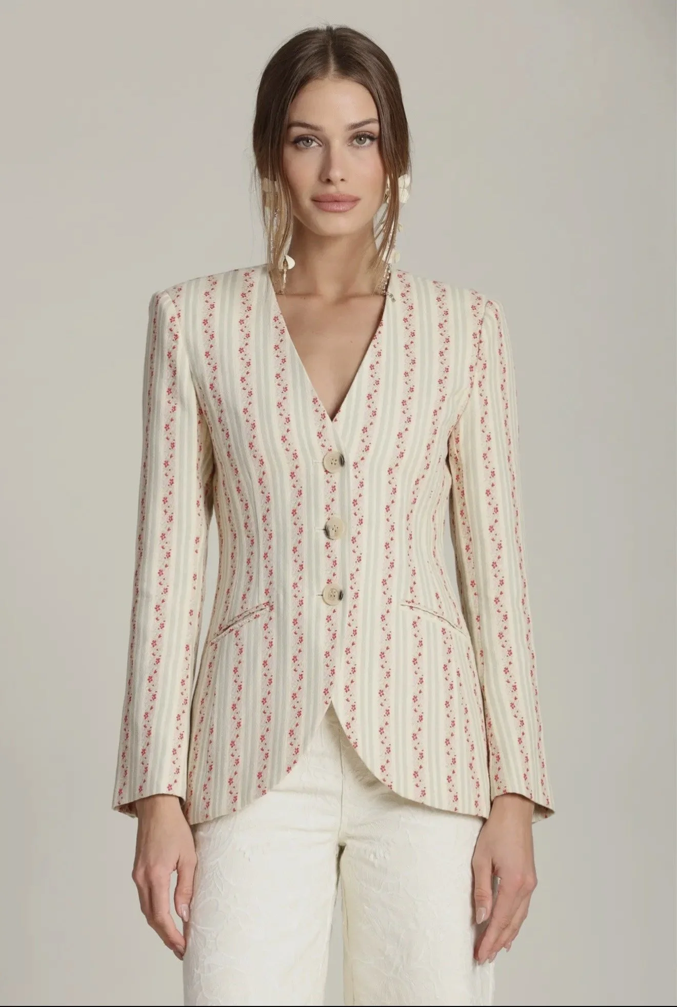 Floral Strip Linen Blend Blazer