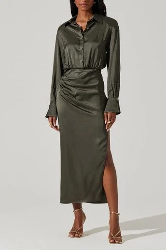Elizabello Satin Midi Shirt Dress
